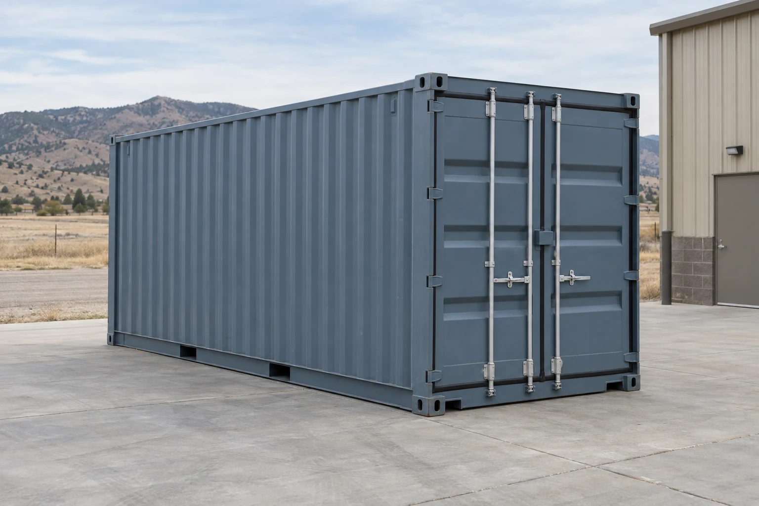 Photorealistic illustration of one clean 20ft shipping container on a prepared commercial pad in a fictional setting inspired by Denver, Colorado.