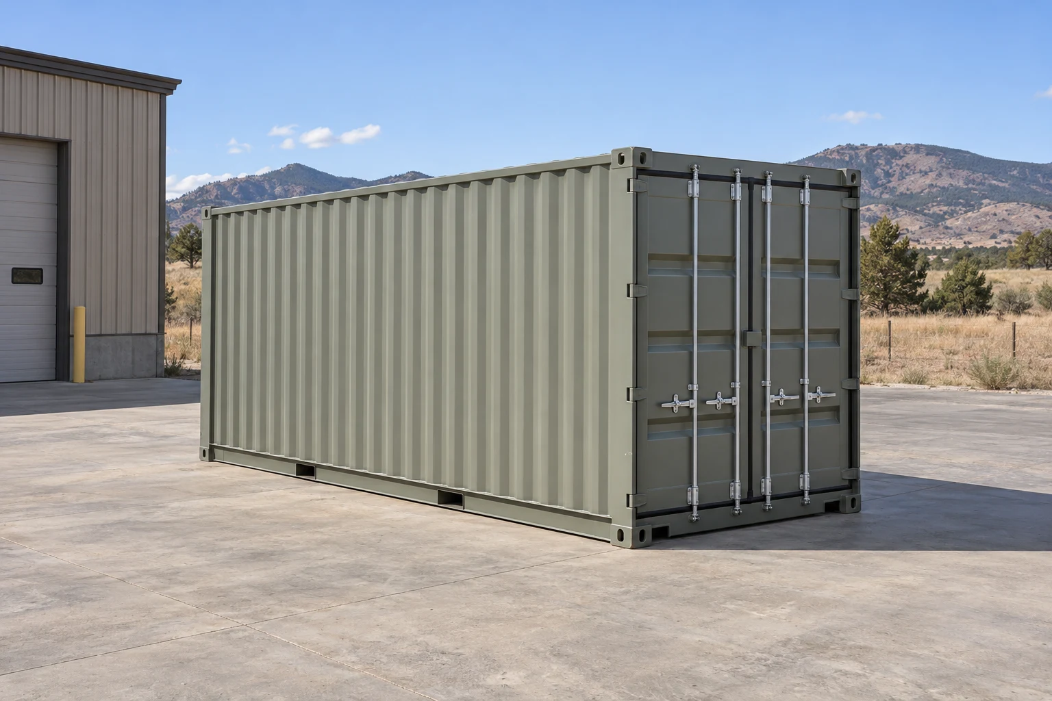 Photorealistic illustration of one clean 20ft shipping container on a prepared commercial pad in a fictional setting inspired by Colorado.