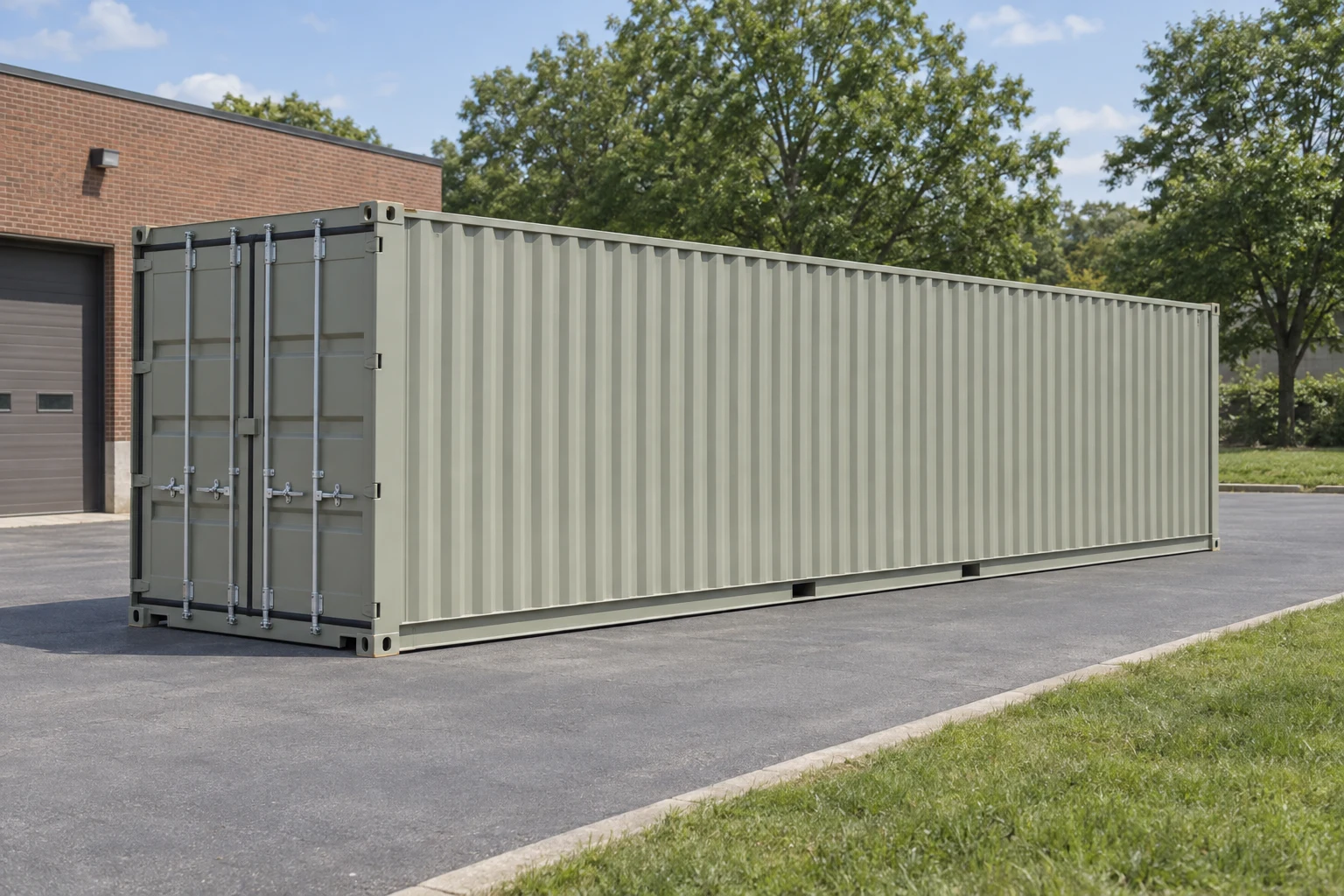 Photorealistic illustration of one clean 40ft shipping container on a prepared commercial pad in a fictional setting inspired by Bridgeport, Connecticut.