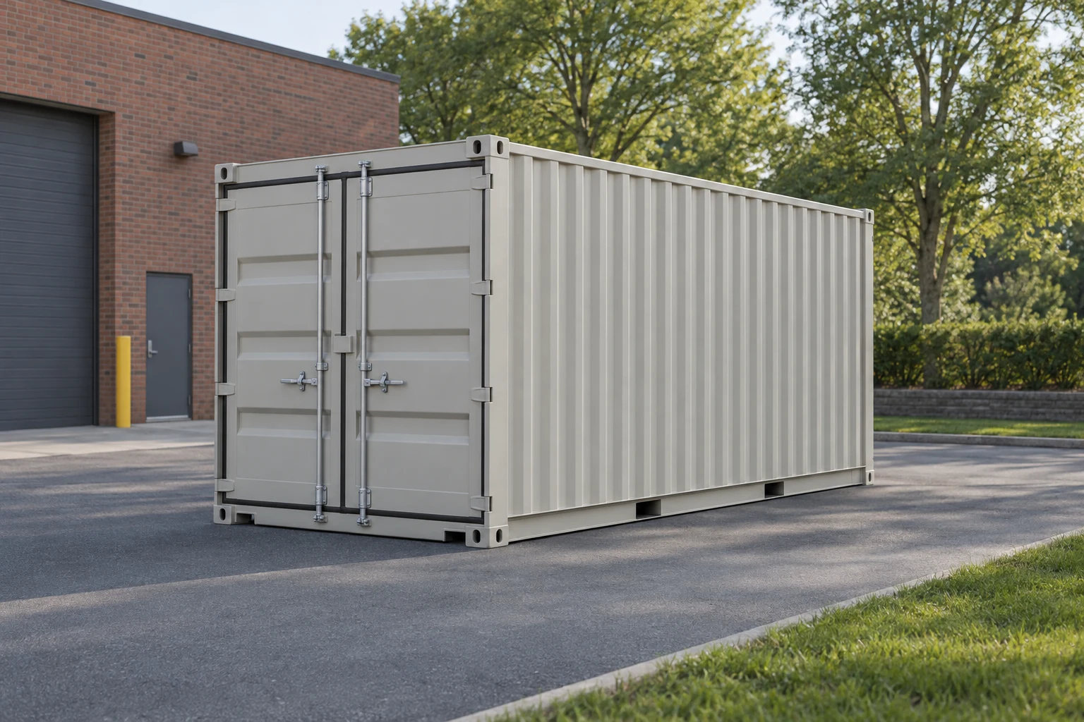 Photorealistic illustration of one clean 20ft shipping container on a prepared commercial pad in a fictional setting inspired by Stamford, Connecticut.