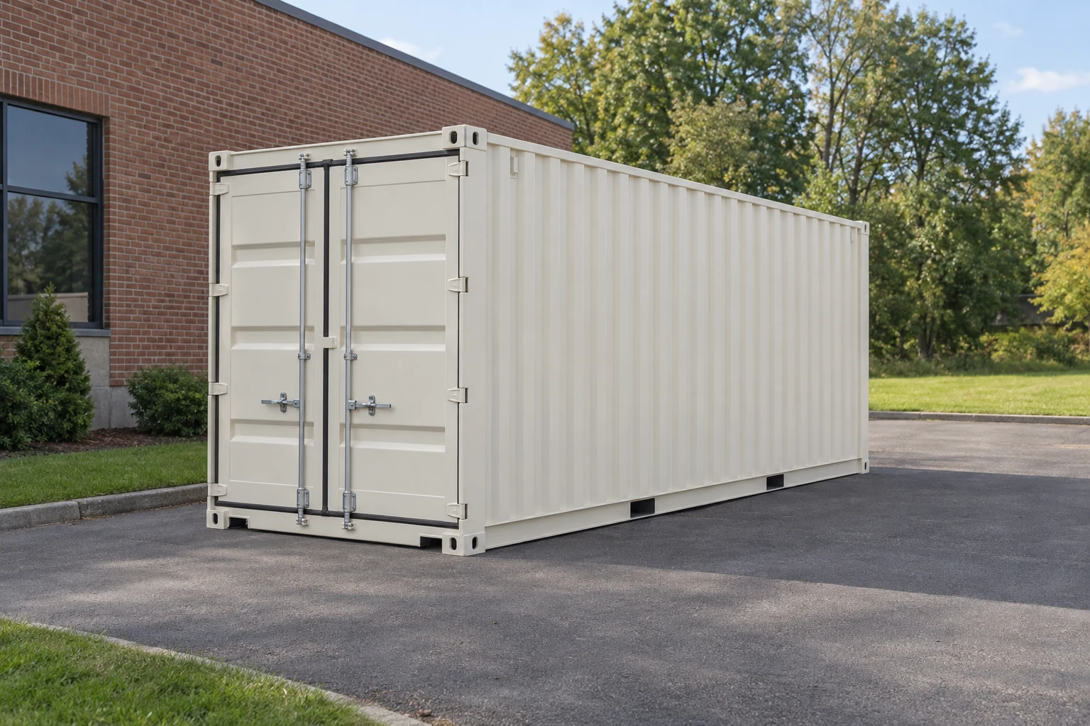 Photorealistic illustration of one clean 20ft shipping container on a prepared commercial pad in a fictional setting inspired by Connecticut.