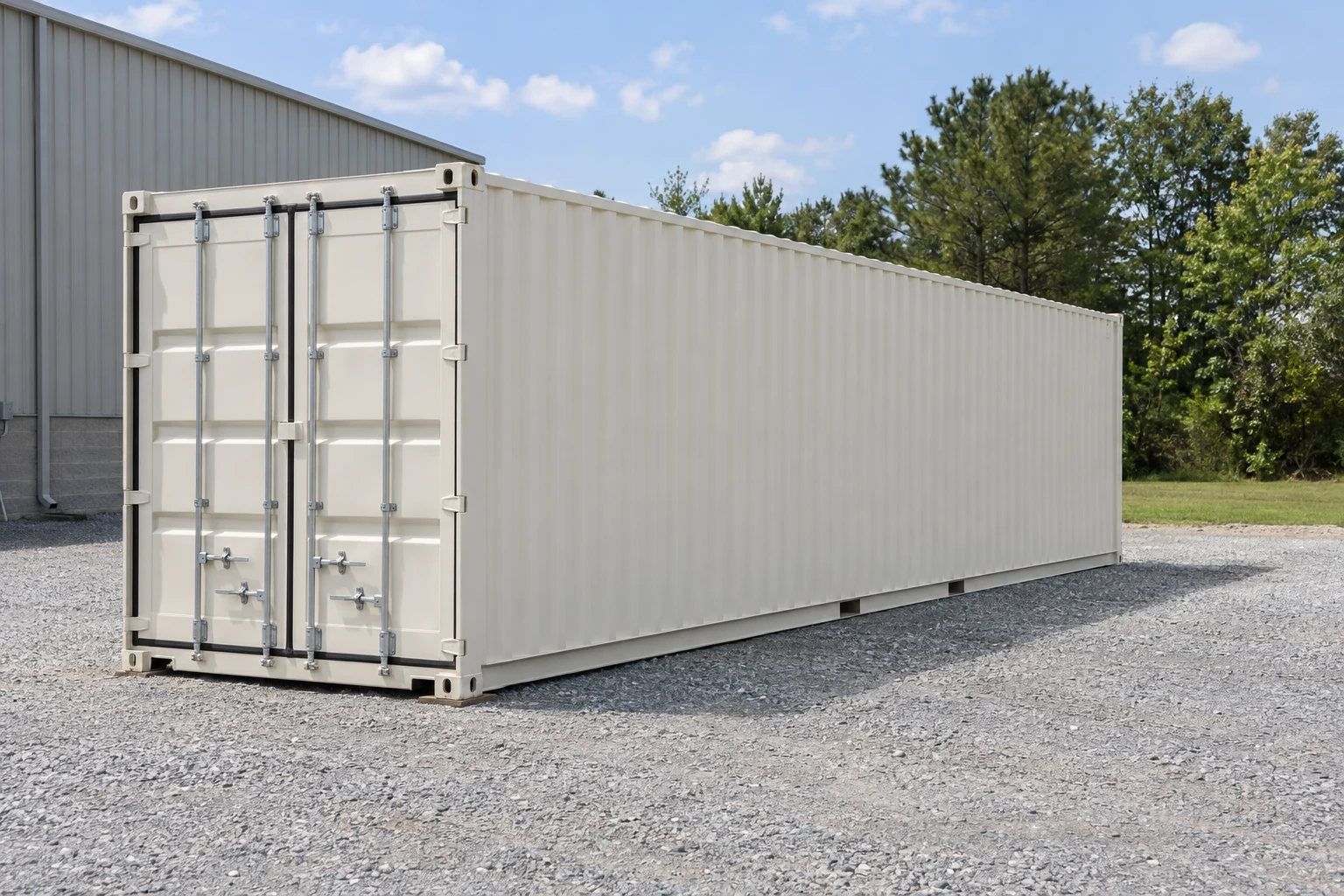 Photorealistic illustration of one clean 40ft shipping container on a prepared commercial pad in a fictional setting inspired by Dover, Delaware.
