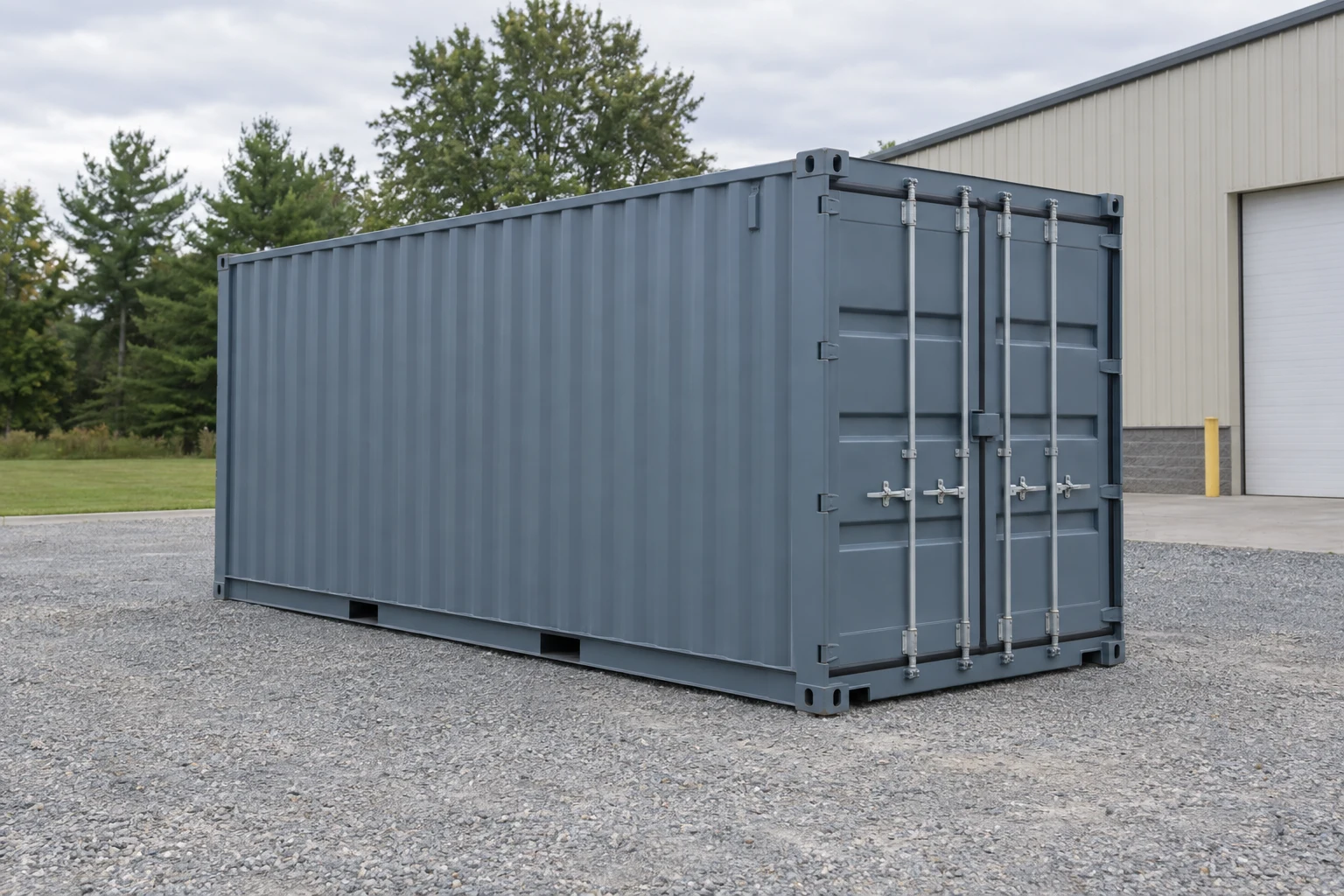 Photorealistic illustration of one clean 20ft shipping container on a prepared commercial pad in a fictional setting inspired by Delaware.