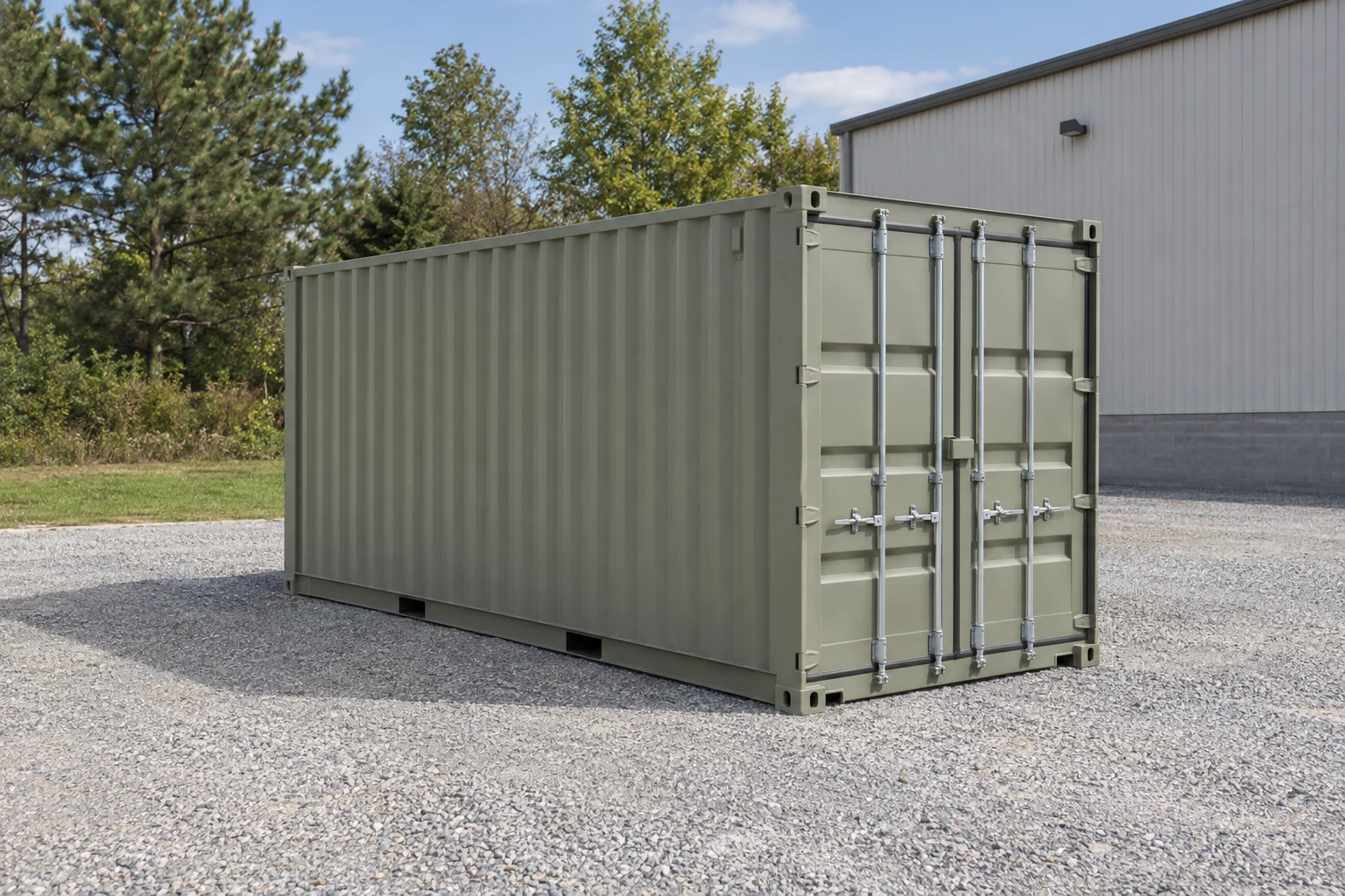 Photorealistic illustration of one clean 20ft shipping container on a prepared commercial pad in a fictional setting inspired by Wilmington, Delaware.