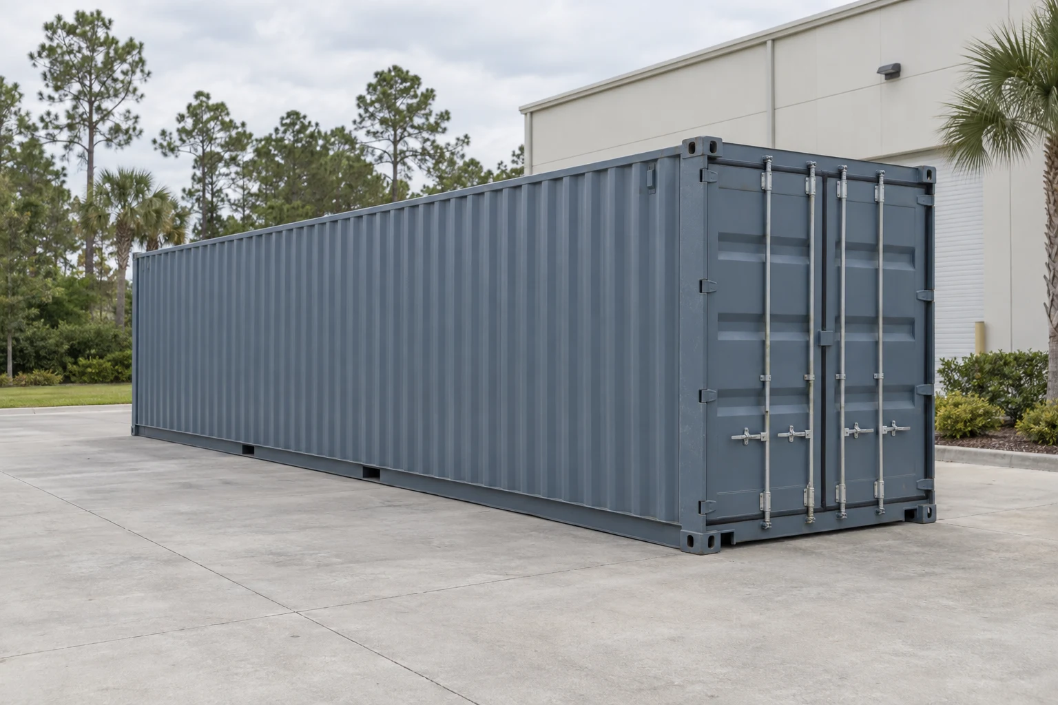 Photorealistic illustration of one clean 40ft shipping container on a prepared commercial pad in a fictional setting inspired by Jacksonville, Florida.
