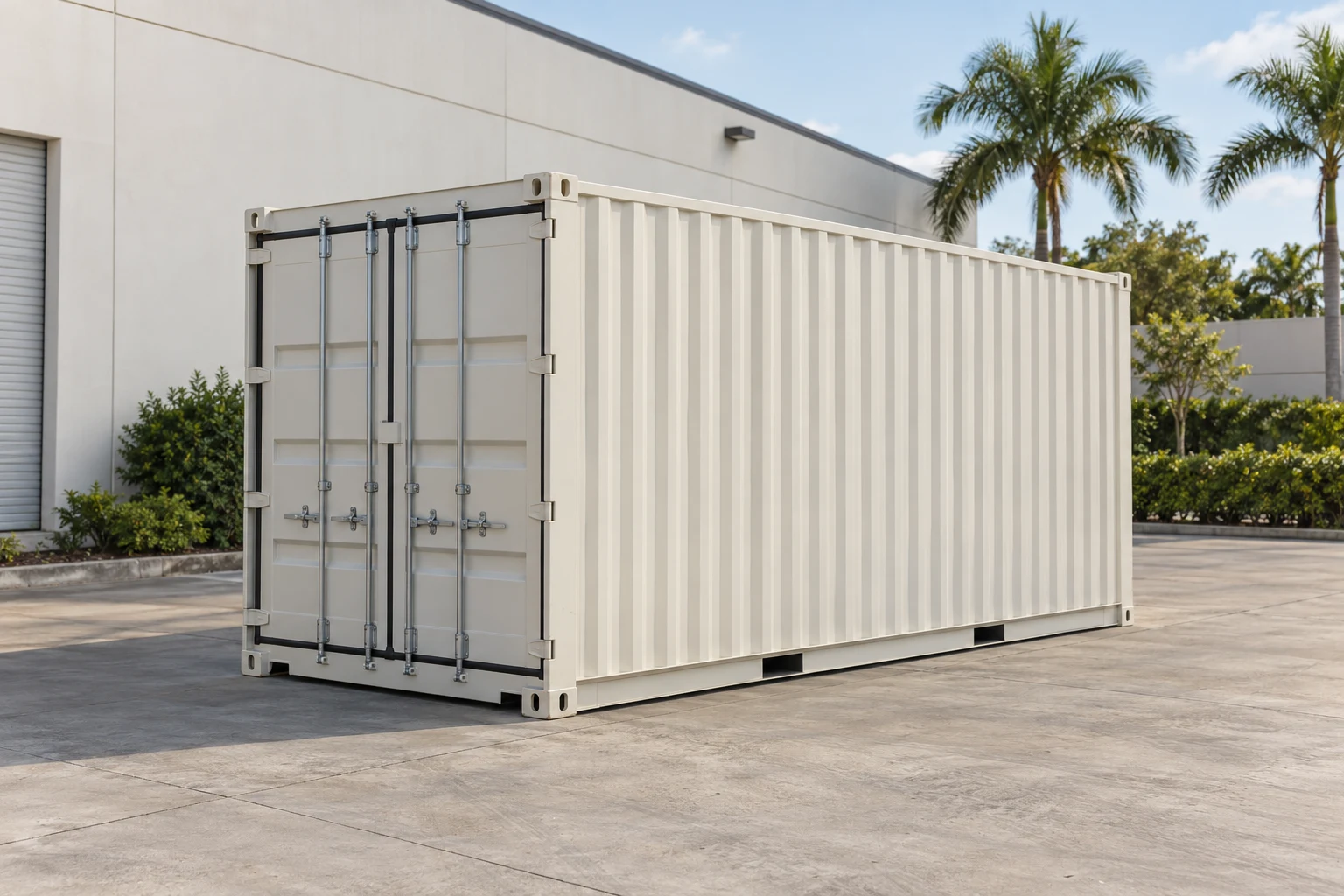 Photorealistic illustration of one clean 20ft shipping container on a prepared commercial pad in a fictional setting inspired by Miami, Florida.