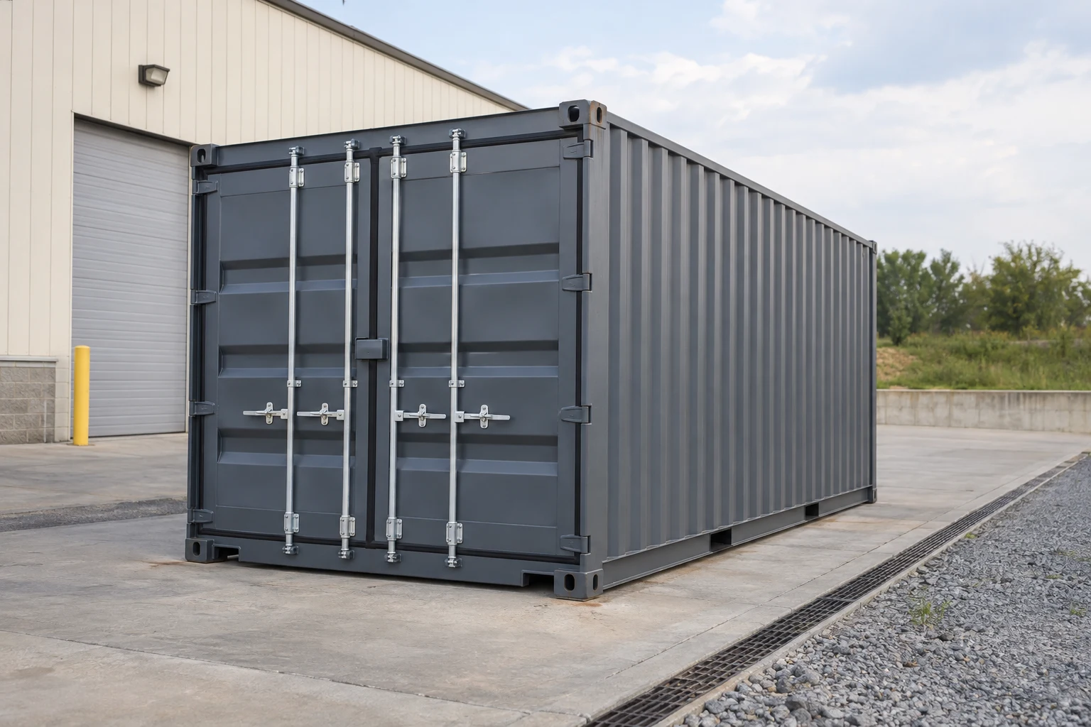 Steel container beside a warehouse on a prepared pad with a drainage channel.