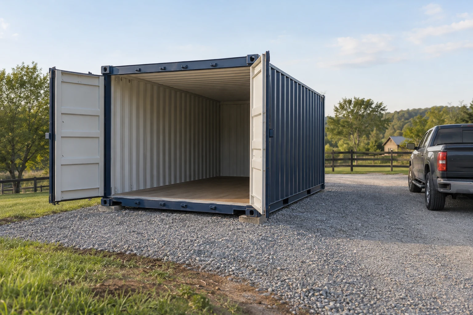 Steel storage container on a gravel pad with a clear delivery approach.