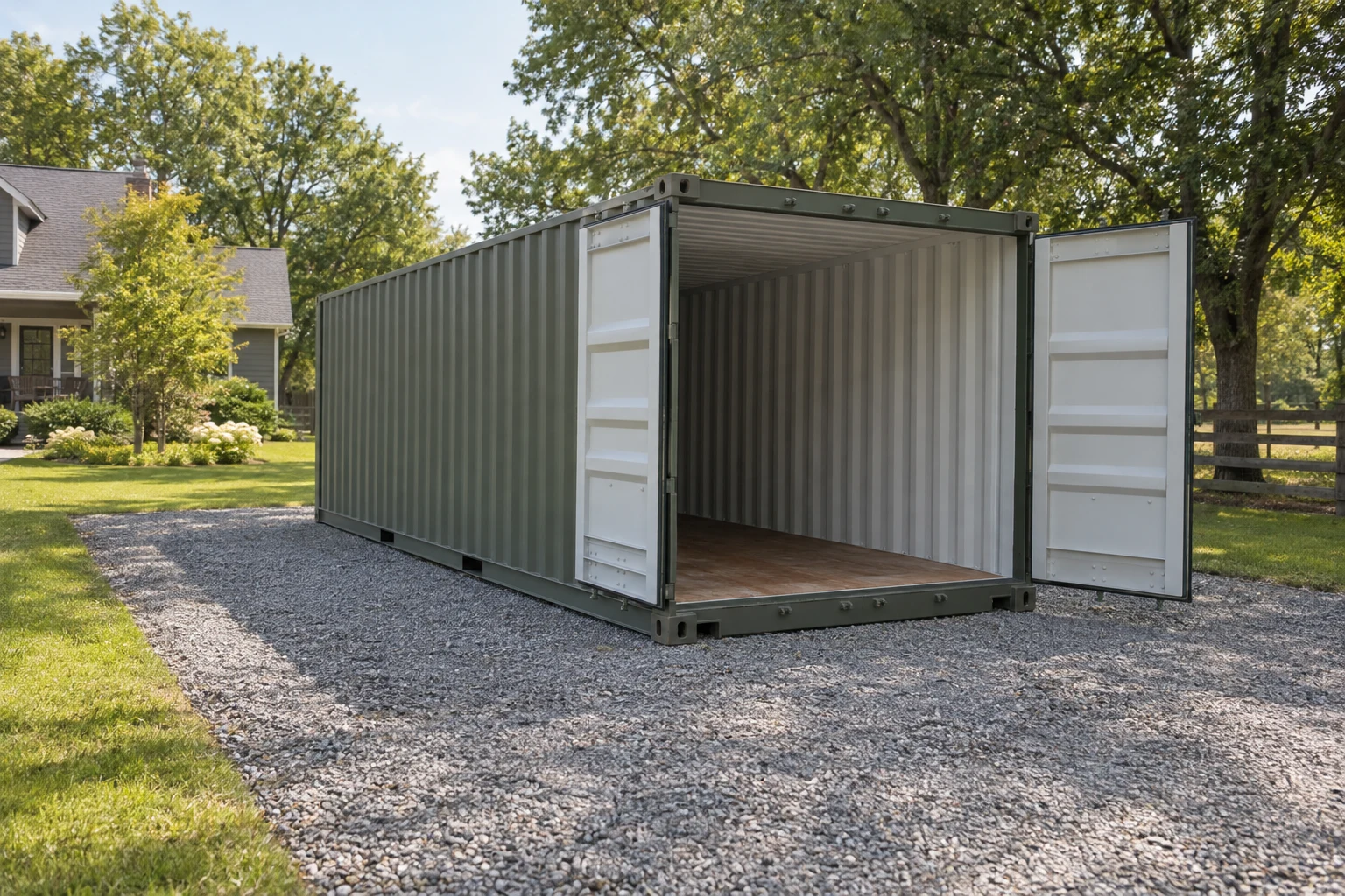 Illustration of an open container on a gravel pad beside mature trees.