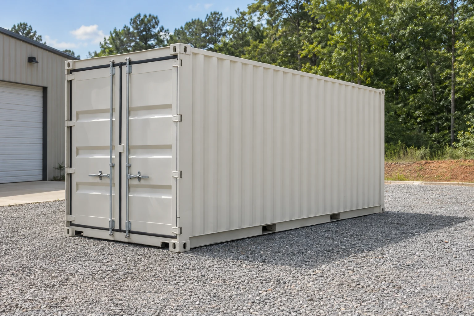 Photorealistic illustration of one clean 20ft shipping container on a prepared commercial pad in a fictional setting inspired by Columbus, Georgia.