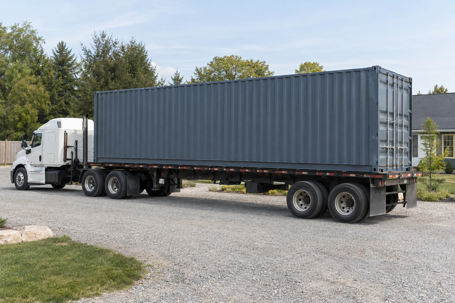 Illustration of a steel container on a parked truck and trailer in a gravel staging area.