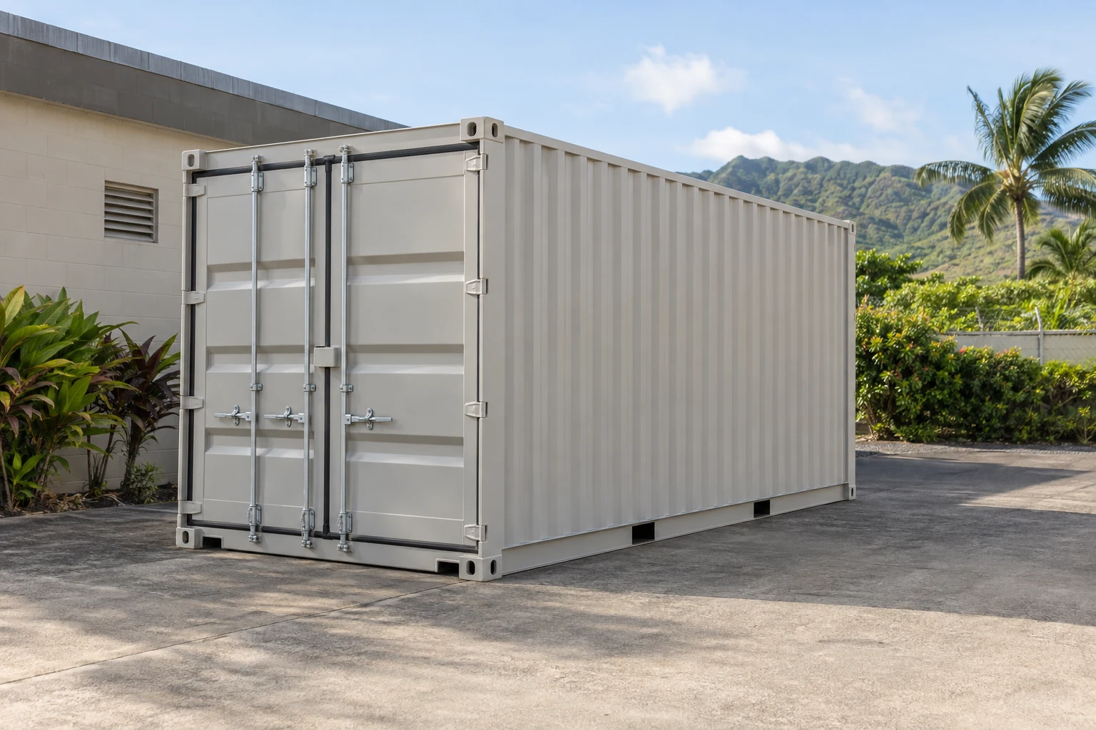 Photorealistic illustration of one clean 20ft shipping container on a prepared commercial pad in a fictional setting inspired by East Honolulu, Hawaii.