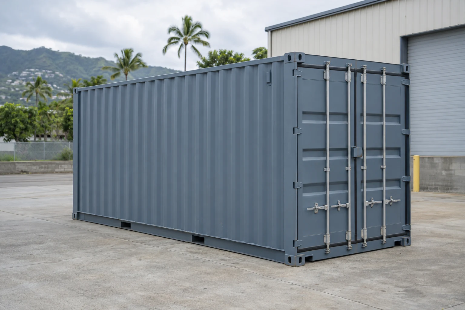 Photorealistic illustration of one clean 20ft shipping container on a prepared commercial pad in a fictional setting inspired by Urban Honolulu, Hawaii.