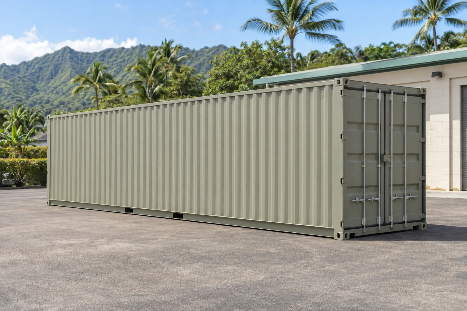 Photorealistic illustration of one clean 40ft shipping container on a prepared commercial pad in a fictional setting inspired by Hawaii.