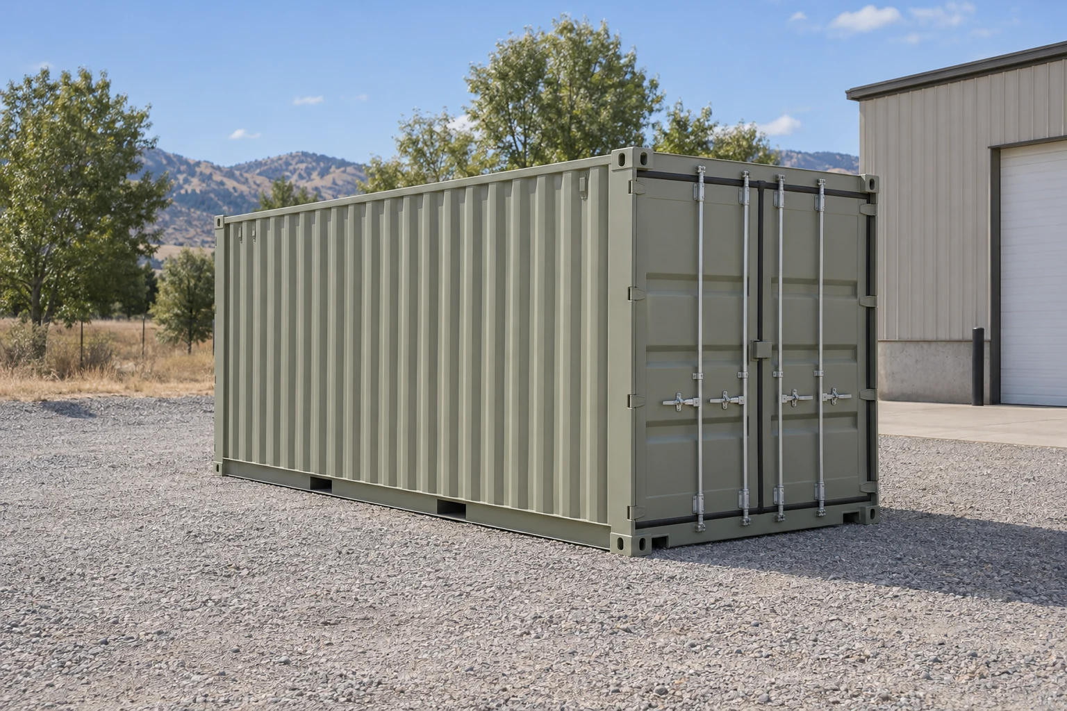 Photorealistic illustration of one clean 20ft shipping container on a prepared commercial pad in a fictional setting inspired by Boise, Idaho.