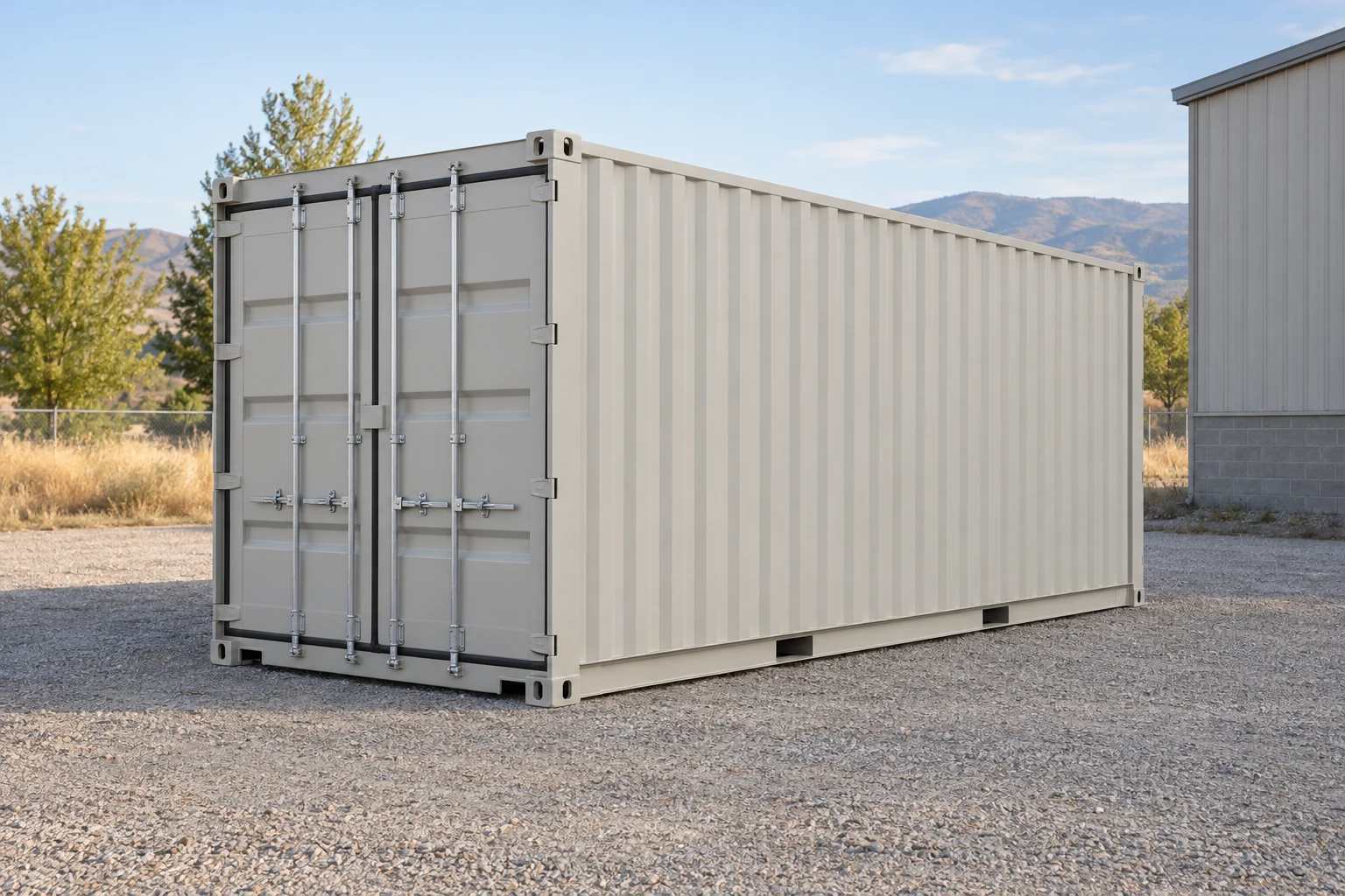 Photorealistic illustration of one clean 20ft shipping container on a prepared commercial pad in a fictional setting inspired by Meridian, Idaho.