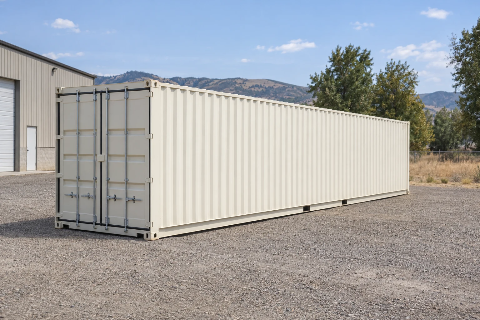 Photorealistic illustration of one clean 40ft shipping container on a prepared commercial pad in a fictional setting inspired by Idaho.