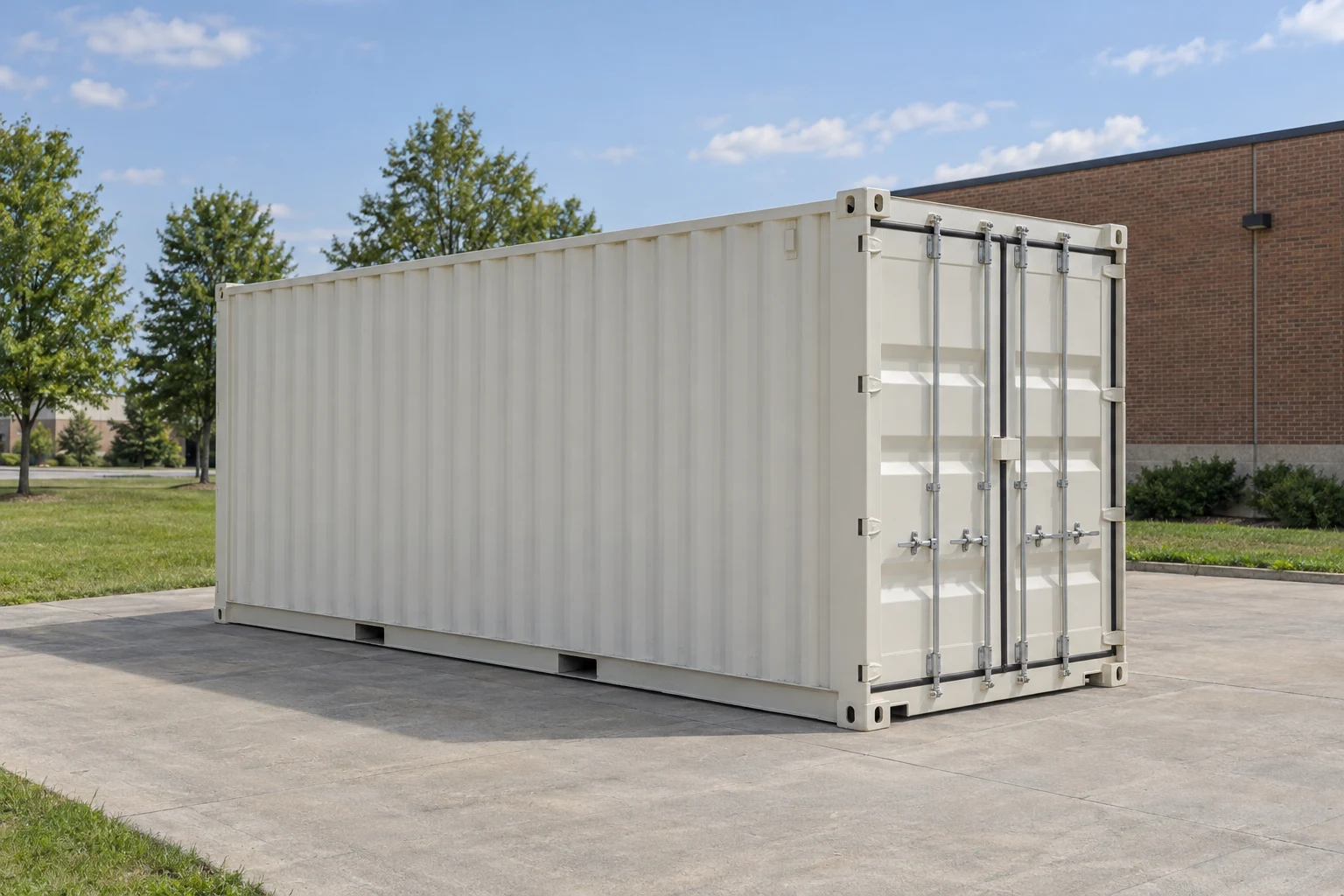 Photorealistic illustration of one clean 20ft shipping container on a prepared commercial pad in a fictional setting inspired by Aurora, Illinois.