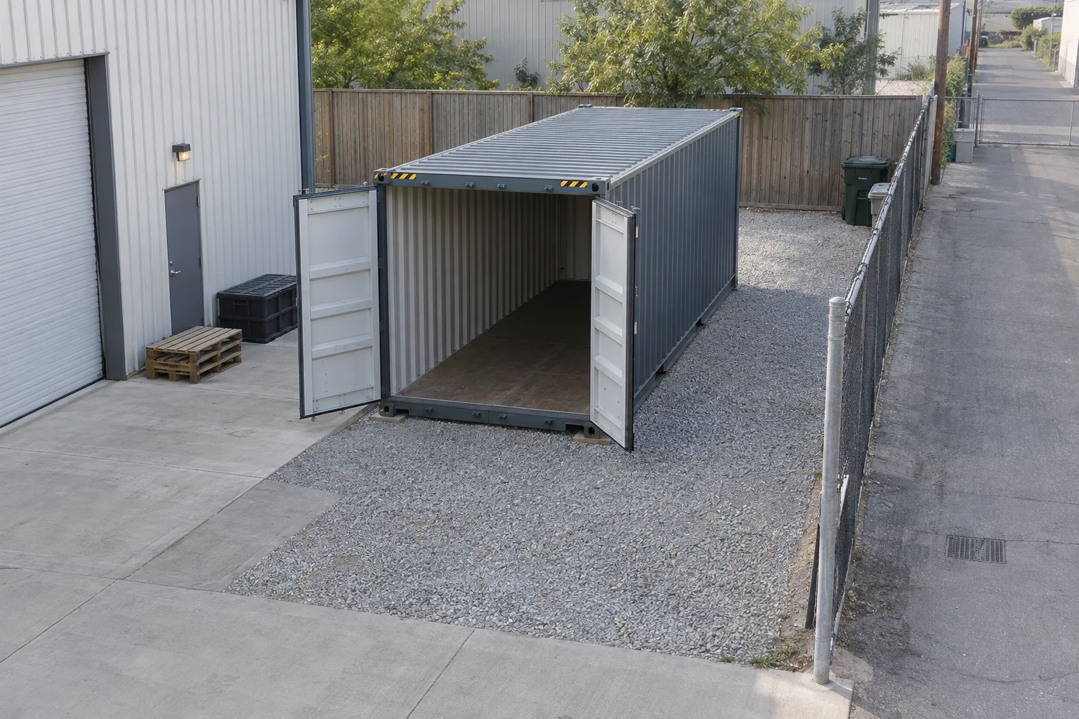 Steel container inside a private industrial lot beside an alley.