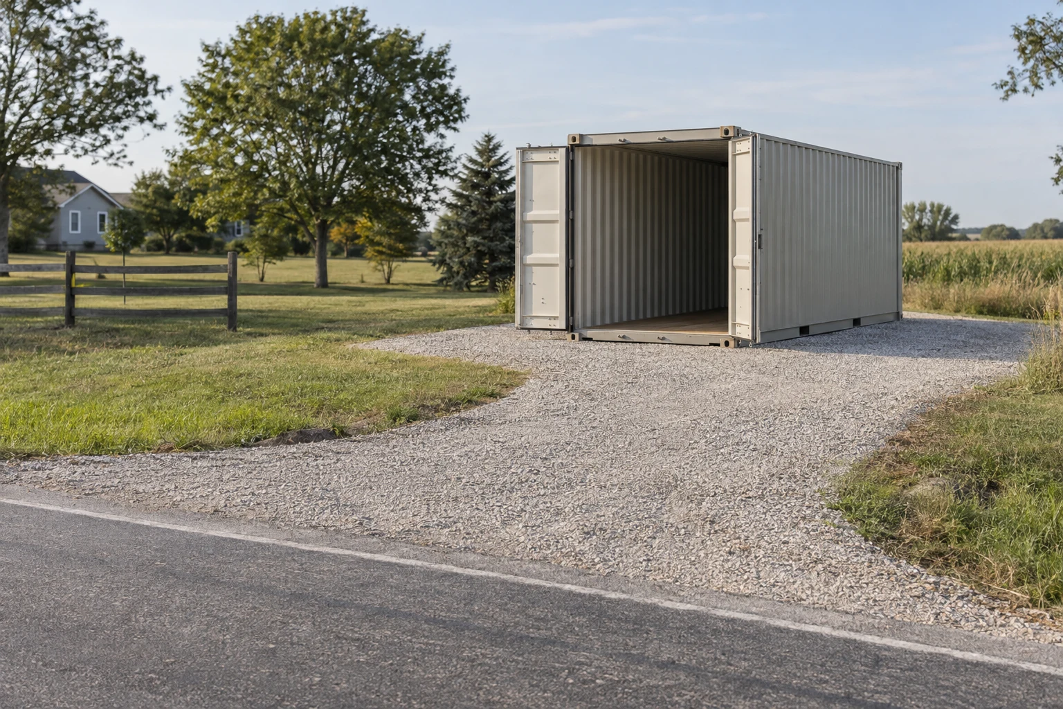 Storage container on a gravel pad beside a driveway leading to a paved road.
