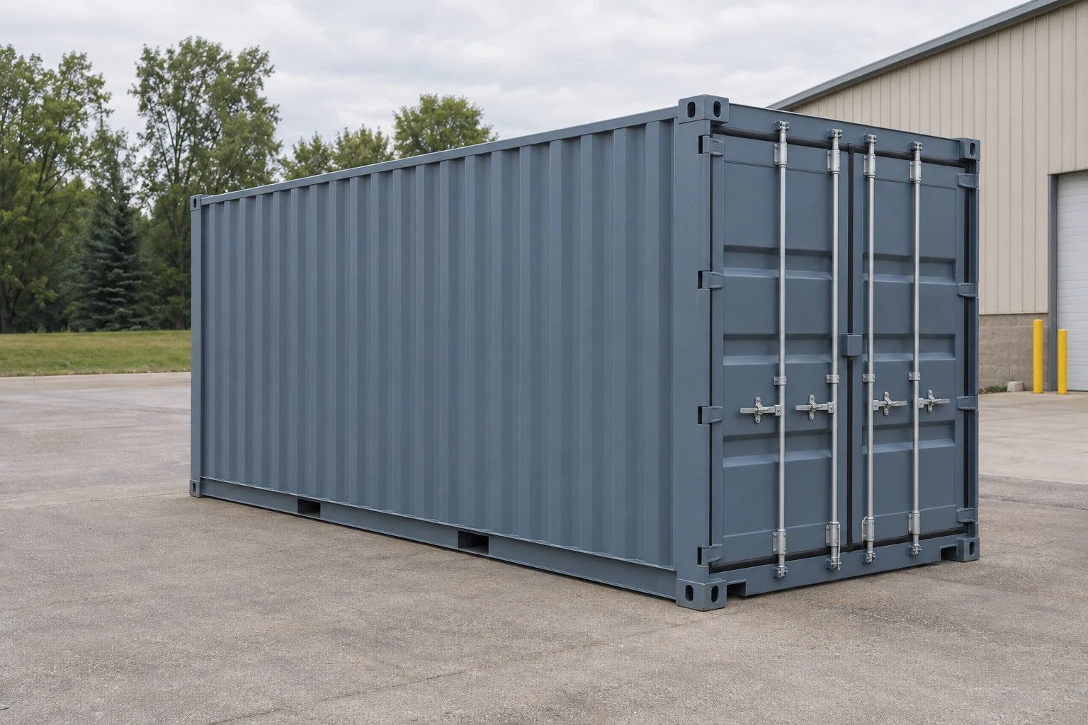 Photorealistic illustration of one clean 20ft shipping container on a prepared commercial pad in a fictional setting inspired by Fort Wayne, Indiana.