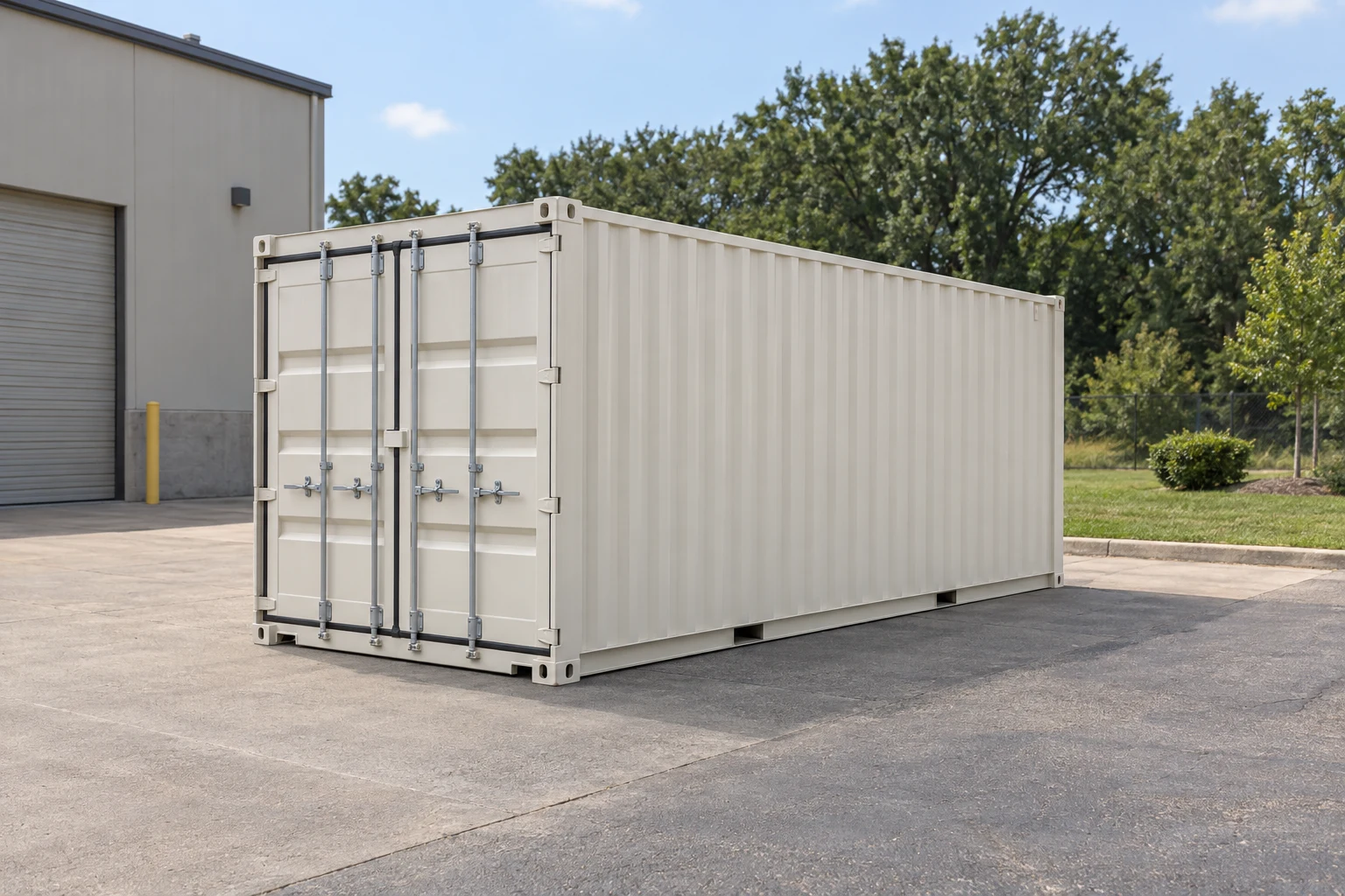 Photorealistic illustration of one clean 20ft shipping container on a prepared commercial pad in a fictional setting inspired by Indianapolis, Indiana.