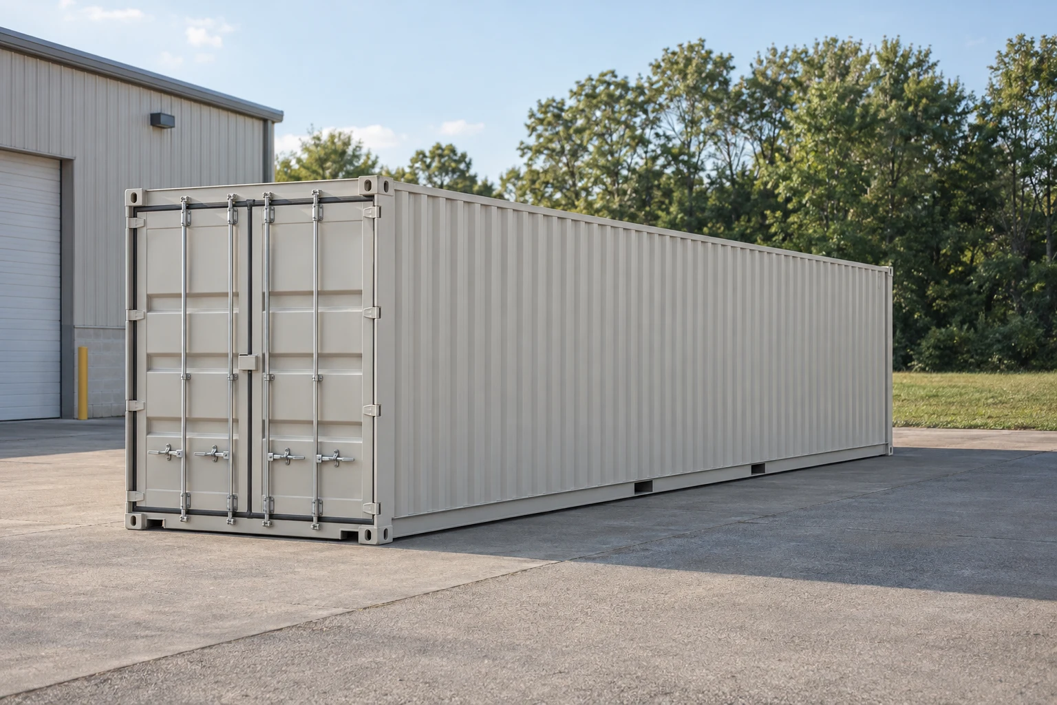 Photorealistic illustration of one clean 40ft shipping container on a prepared commercial pad in a fictional setting inspired by Indiana.
