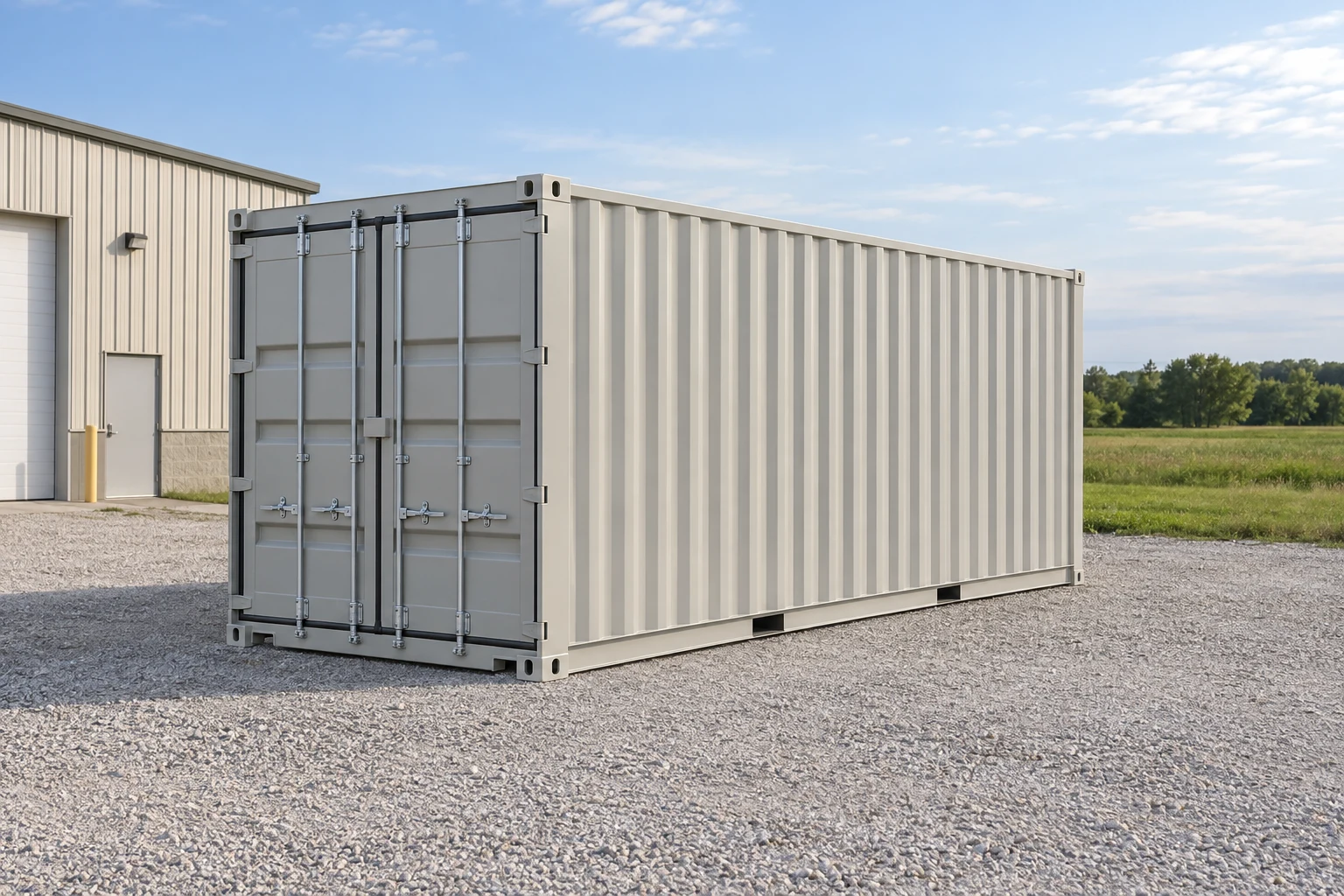 Photorealistic illustration of one clean 20ft shipping container on a prepared commercial pad in a fictional setting inspired by Cedar Rapids, Iowa.