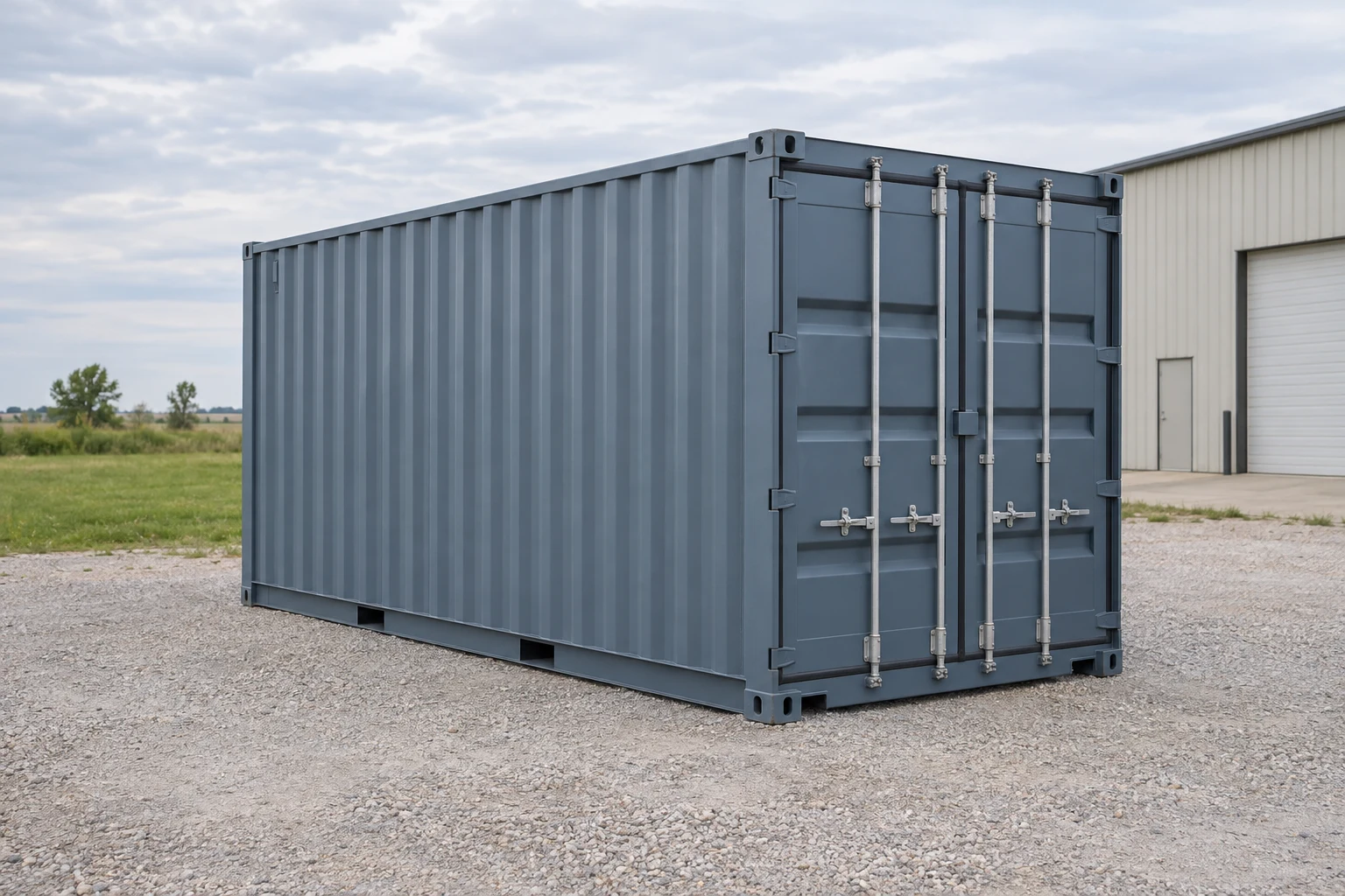 Photorealistic illustration of one clean 20ft shipping container on a prepared commercial pad in a fictional setting inspired by Des Moines, Iowa.