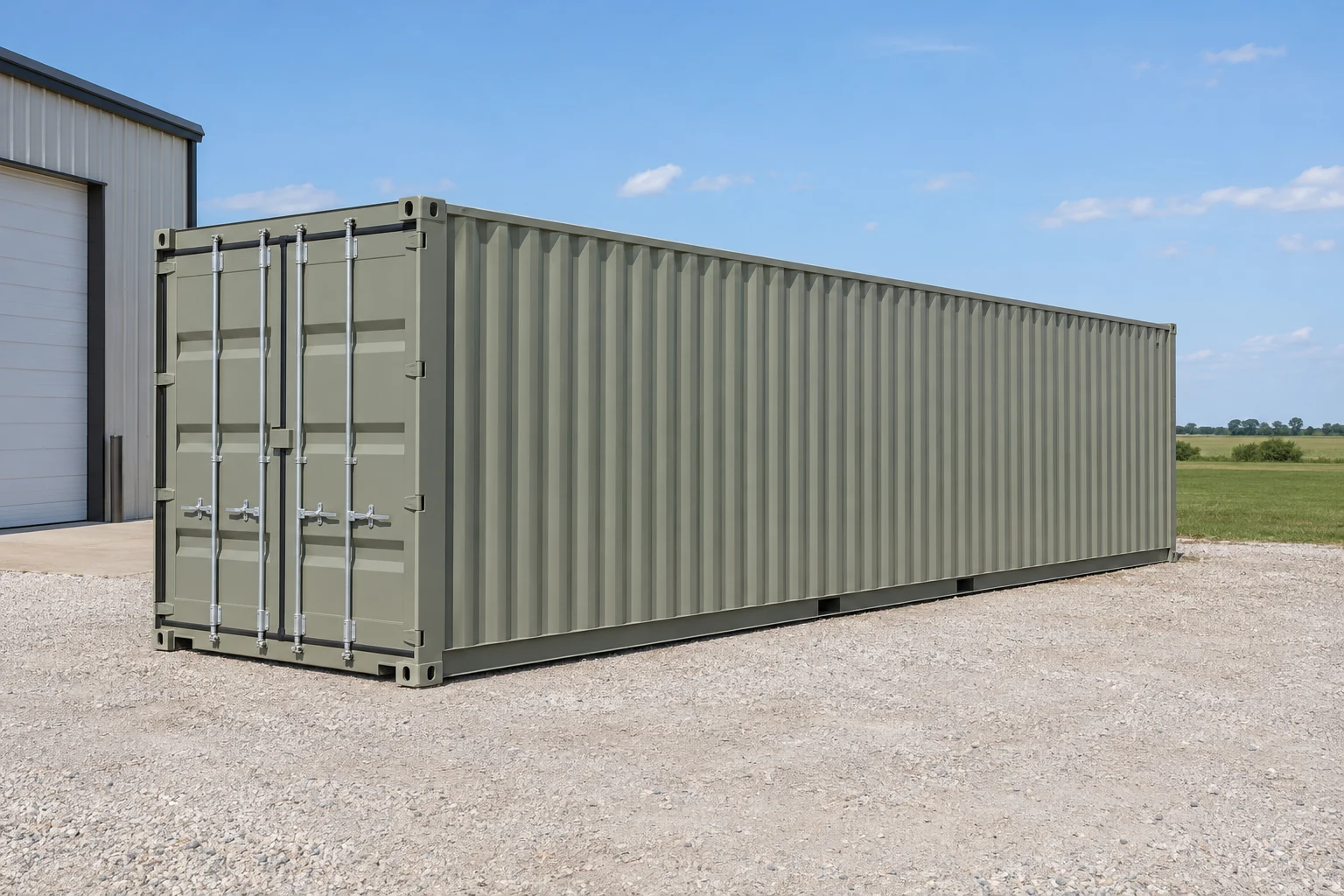 Photorealistic illustration of one clean 40ft shipping container on a prepared commercial pad in a fictional setting inspired by Iowa.