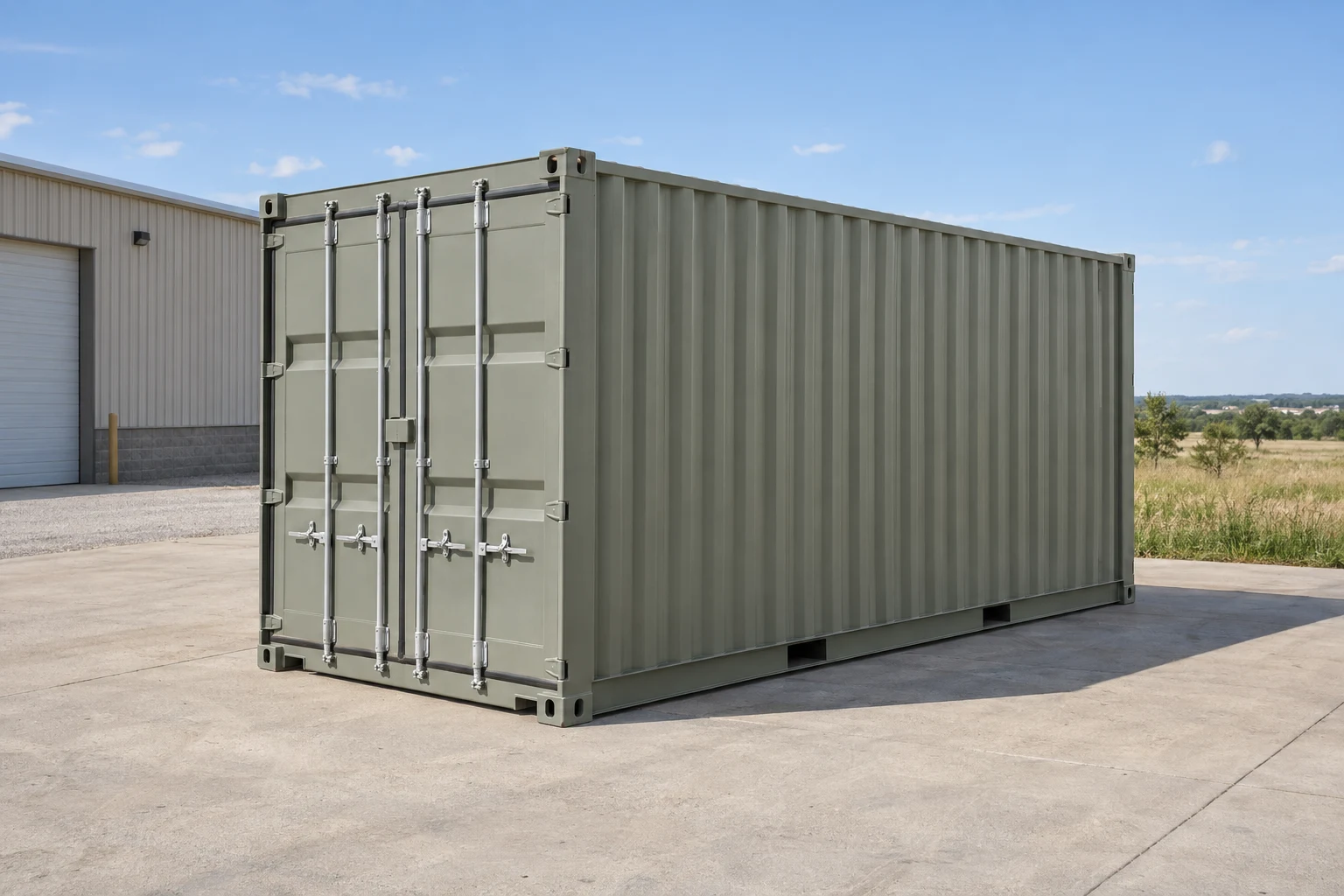 Photorealistic illustration of one clean 20ft shipping container on a prepared commercial pad in a fictional setting inspired by Overland Park, Kansas.