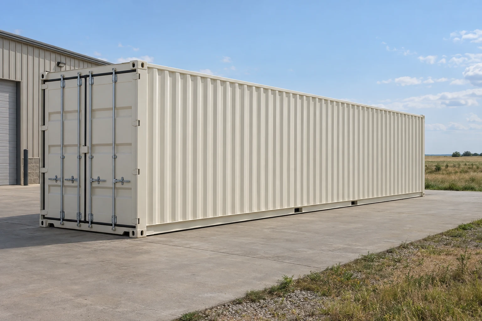Photorealistic illustration of one clean 40ft shipping container on a prepared commercial pad in a fictional setting inspired by Kansas.