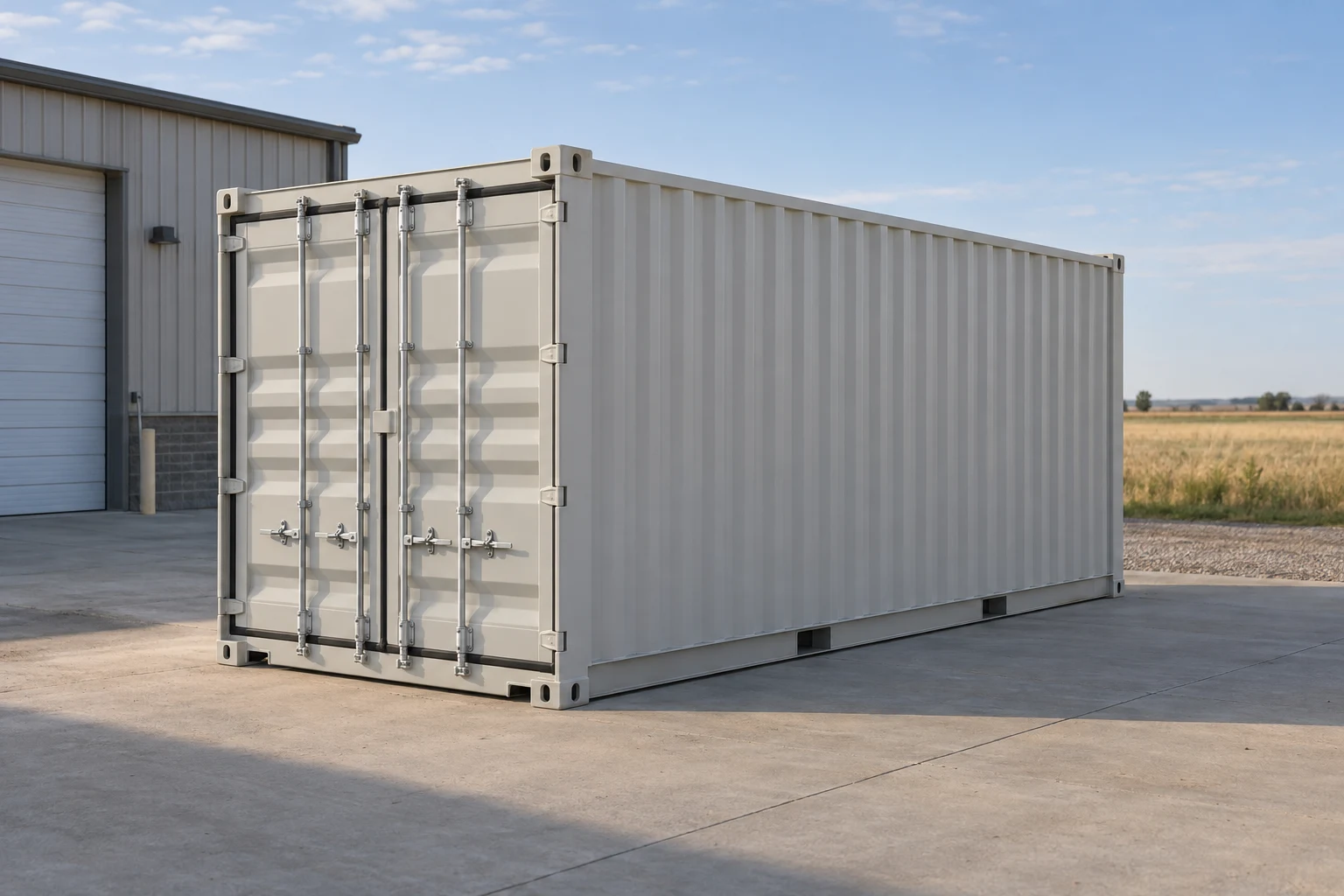 Photorealistic illustration of one clean 20ft shipping container on a prepared commercial pad in a fictional setting inspired by Wichita, Kansas.