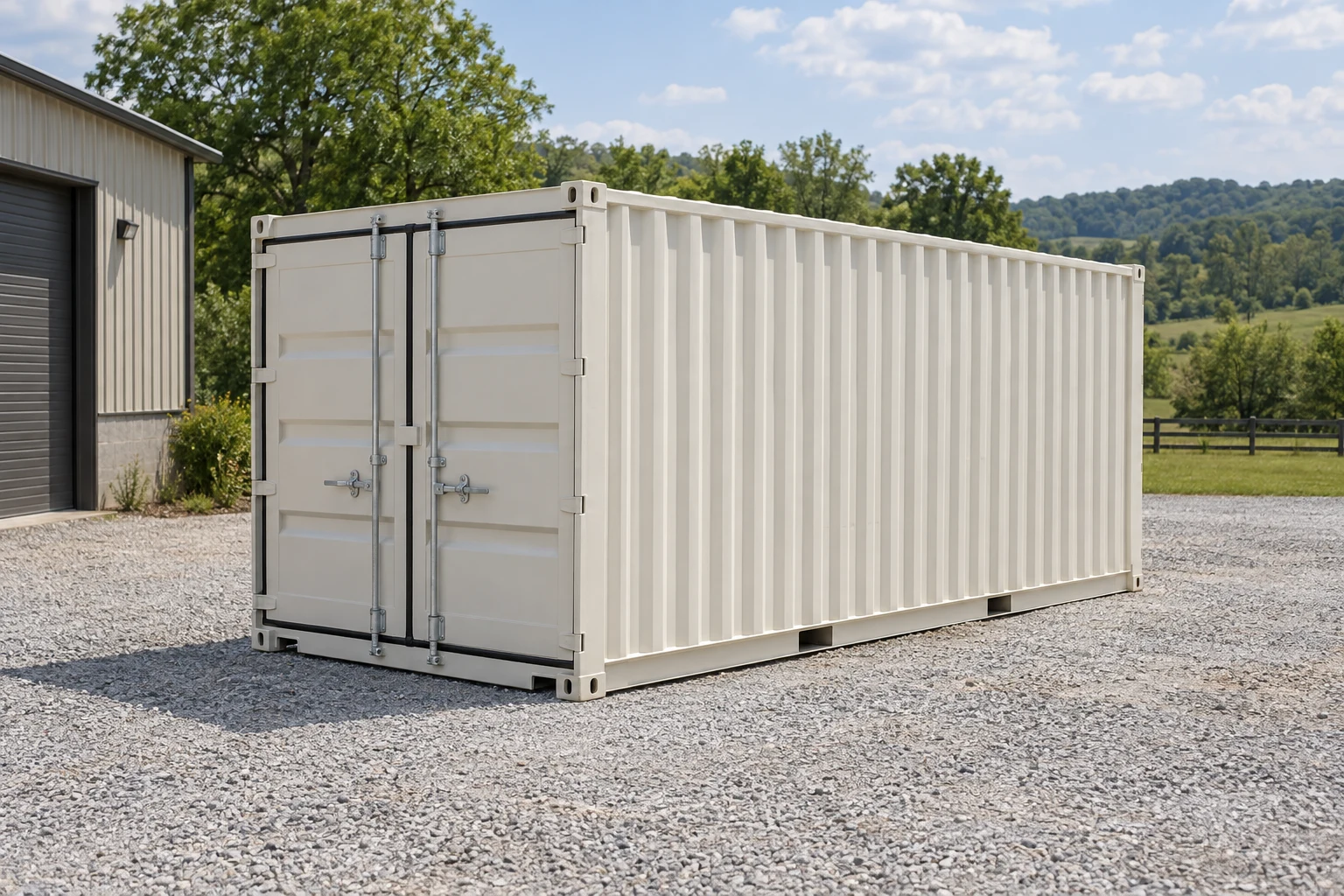 Photorealistic illustration of one clean 20ft shipping container on a prepared commercial pad in a fictional setting inspired by Lexington, Kentucky.