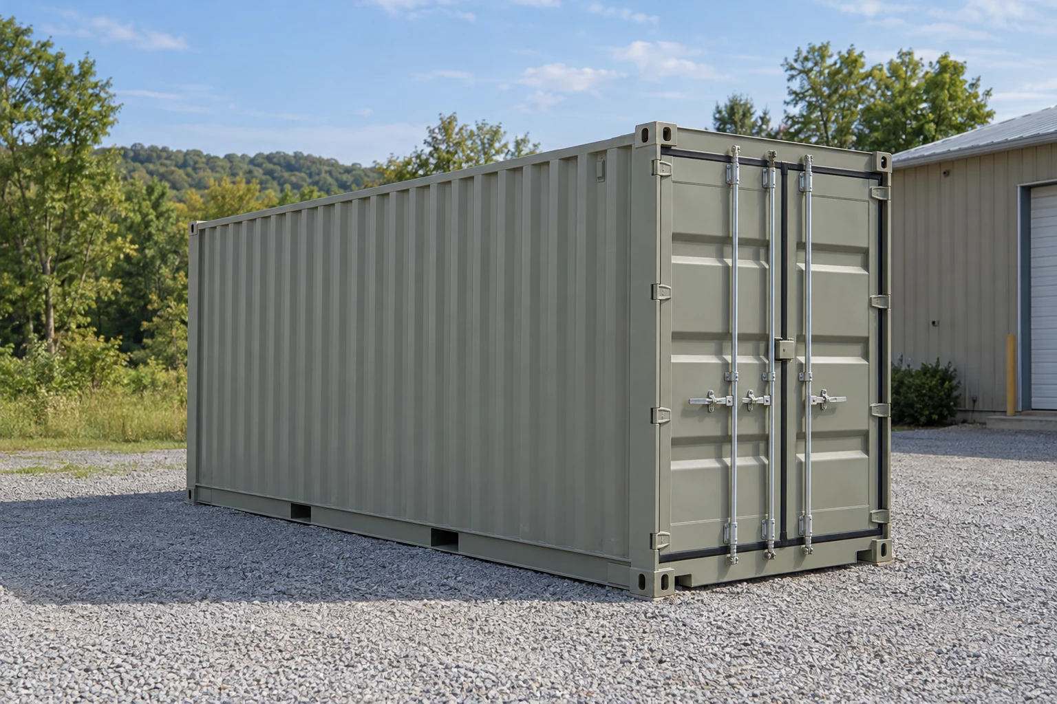 Photorealistic illustration of one clean 20ft shipping container on a prepared commercial pad in a fictional setting inspired by Louisville, Kentucky.