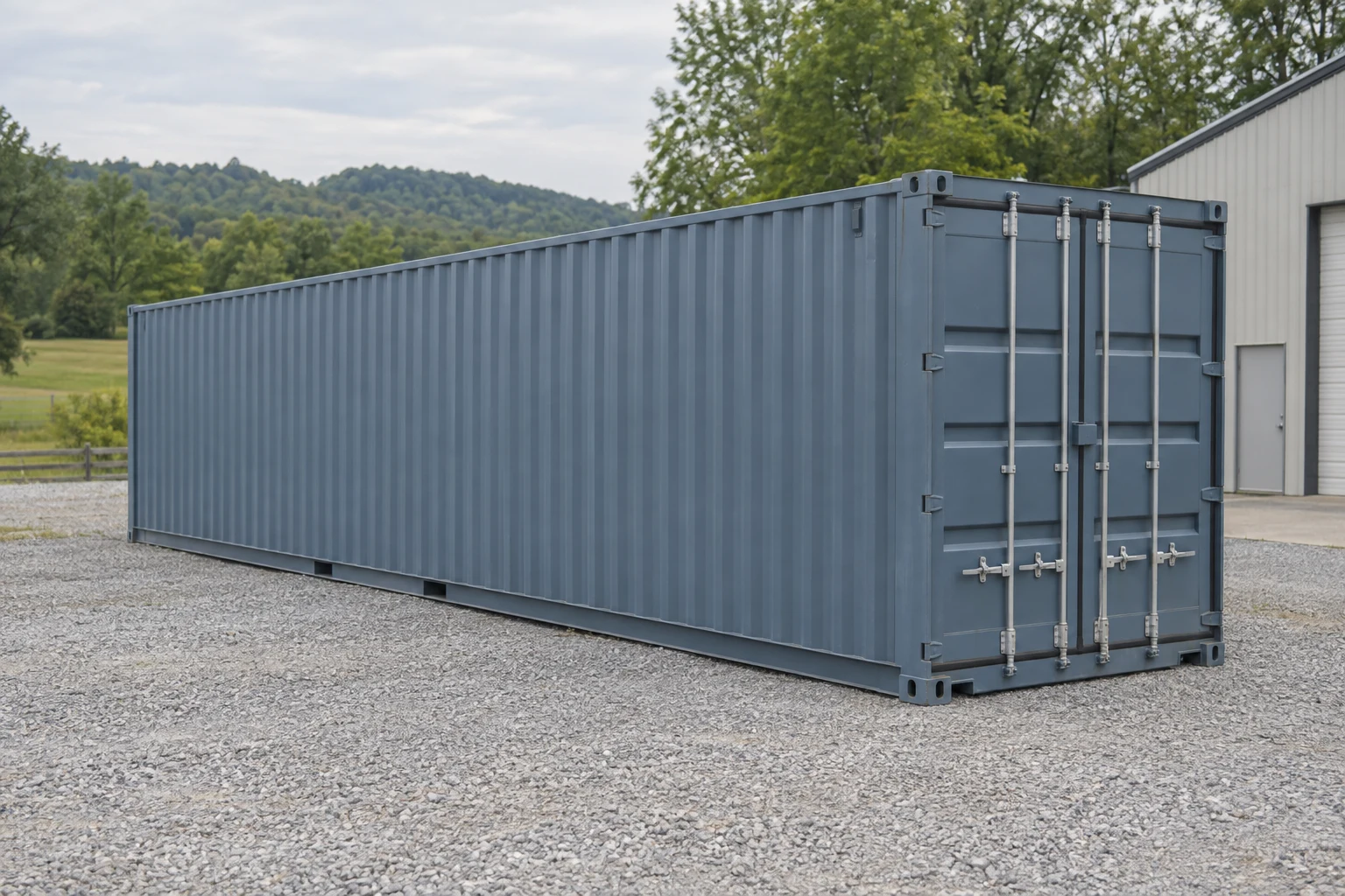 Photorealistic illustration of one clean 40ft shipping container on a prepared commercial pad in a fictional setting inspired by Kentucky.