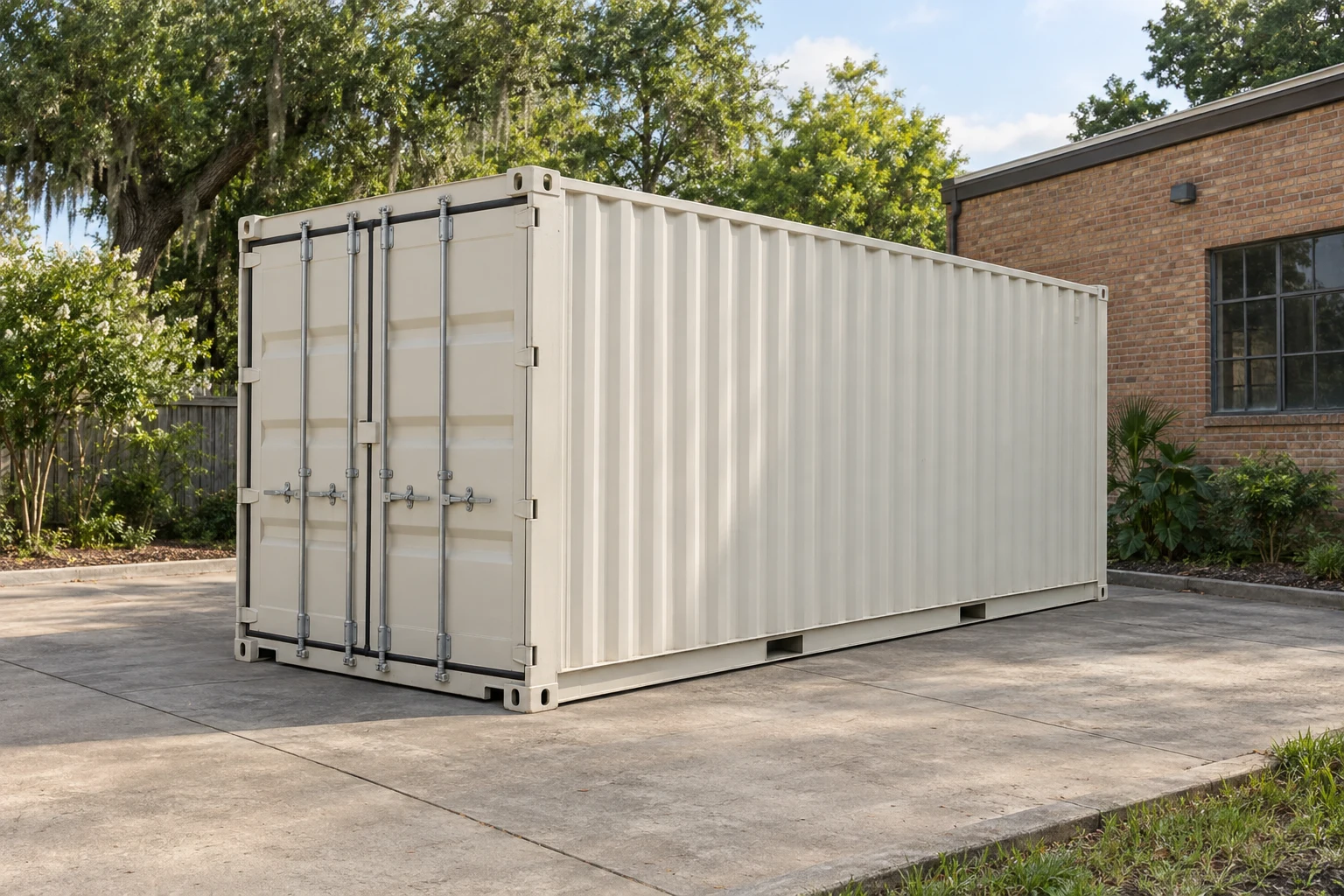 Photorealistic illustration of one clean 20ft shipping container on a prepared commercial pad in a fictional setting inspired by New Orleans, Louisiana.