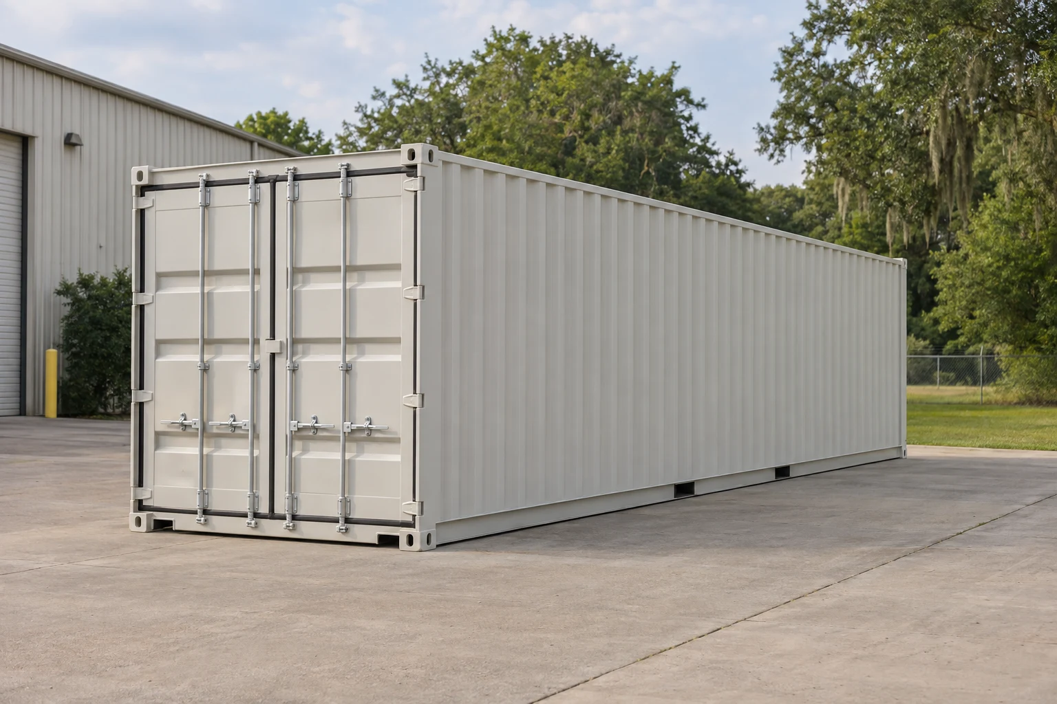 Photorealistic illustration of one clean 40ft shipping container on a prepared commercial pad in a fictional setting inspired by Louisiana.