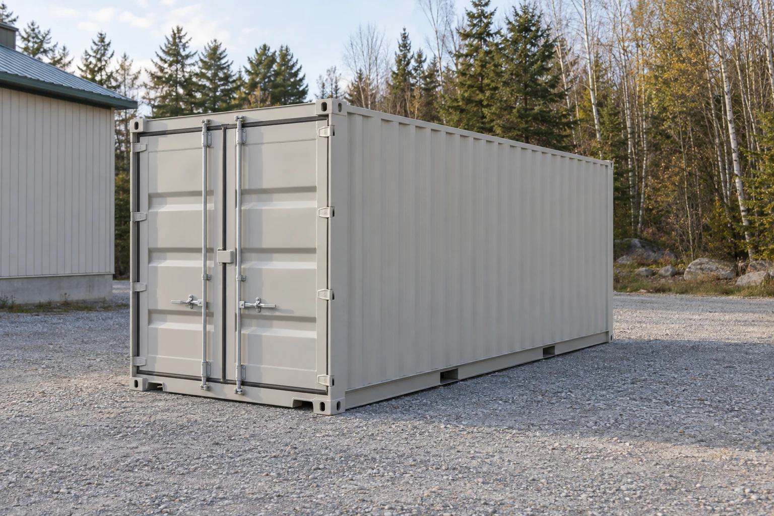 Photorealistic illustration of one clean 20ft shipping container on a prepared commercial pad in a fictional setting inspired by Lewiston, Maine.