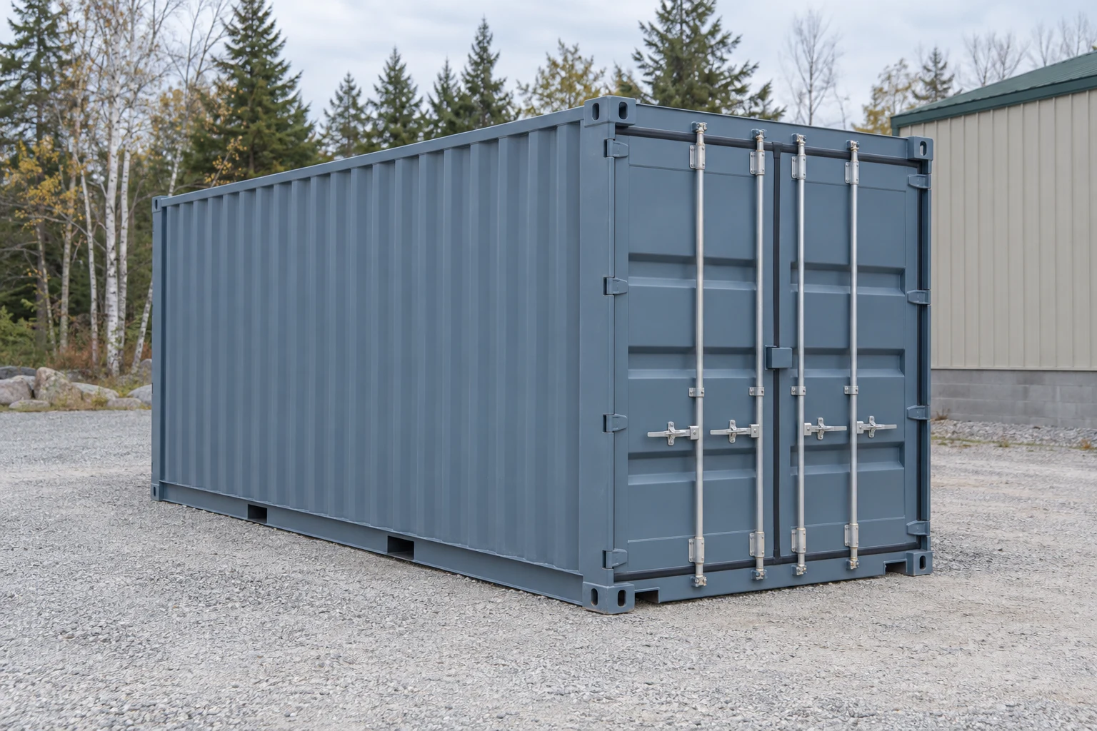 Photorealistic illustration of one clean 20ft shipping container on a prepared commercial pad in a fictional setting inspired by Portland, Maine.