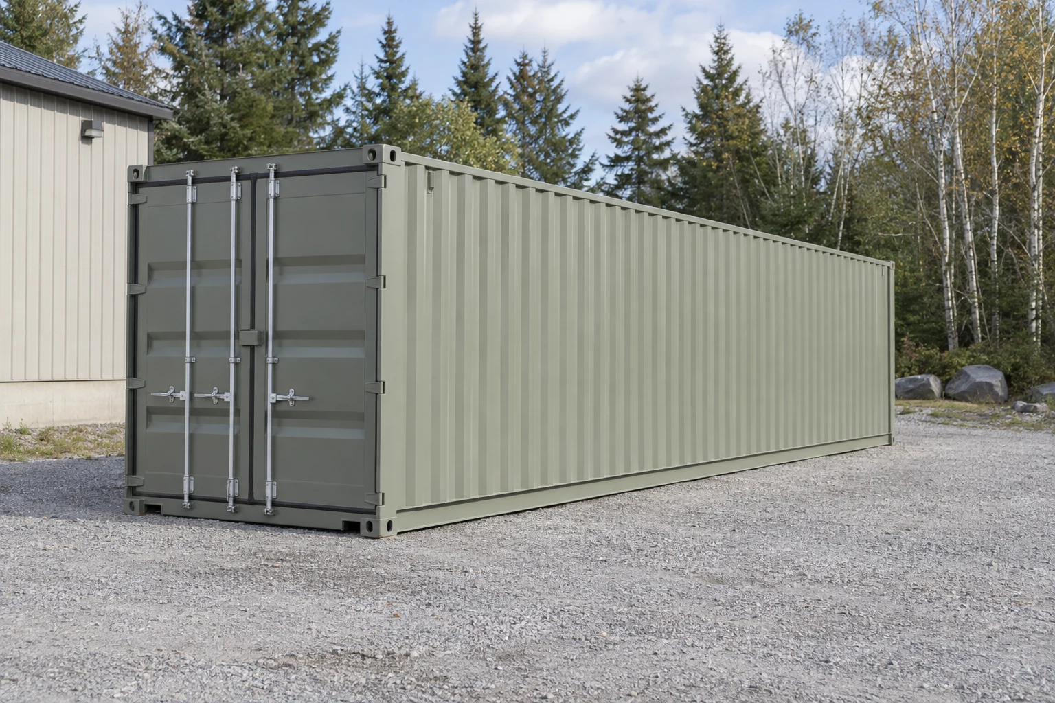 Photorealistic illustration of one clean 40ft shipping container on a prepared commercial pad in a fictional setting inspired by Maine.
