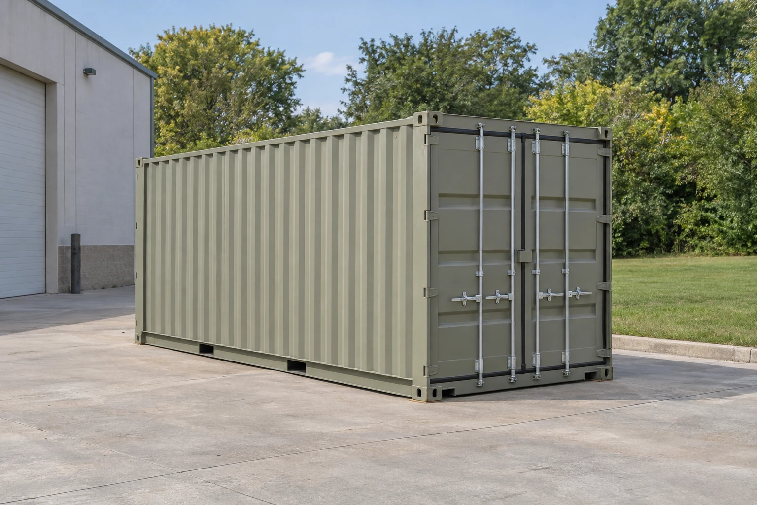 Photorealistic illustration of one clean 20ft shipping container on a prepared commercial pad in a fictional setting inspired by Baltimore, Maryland.