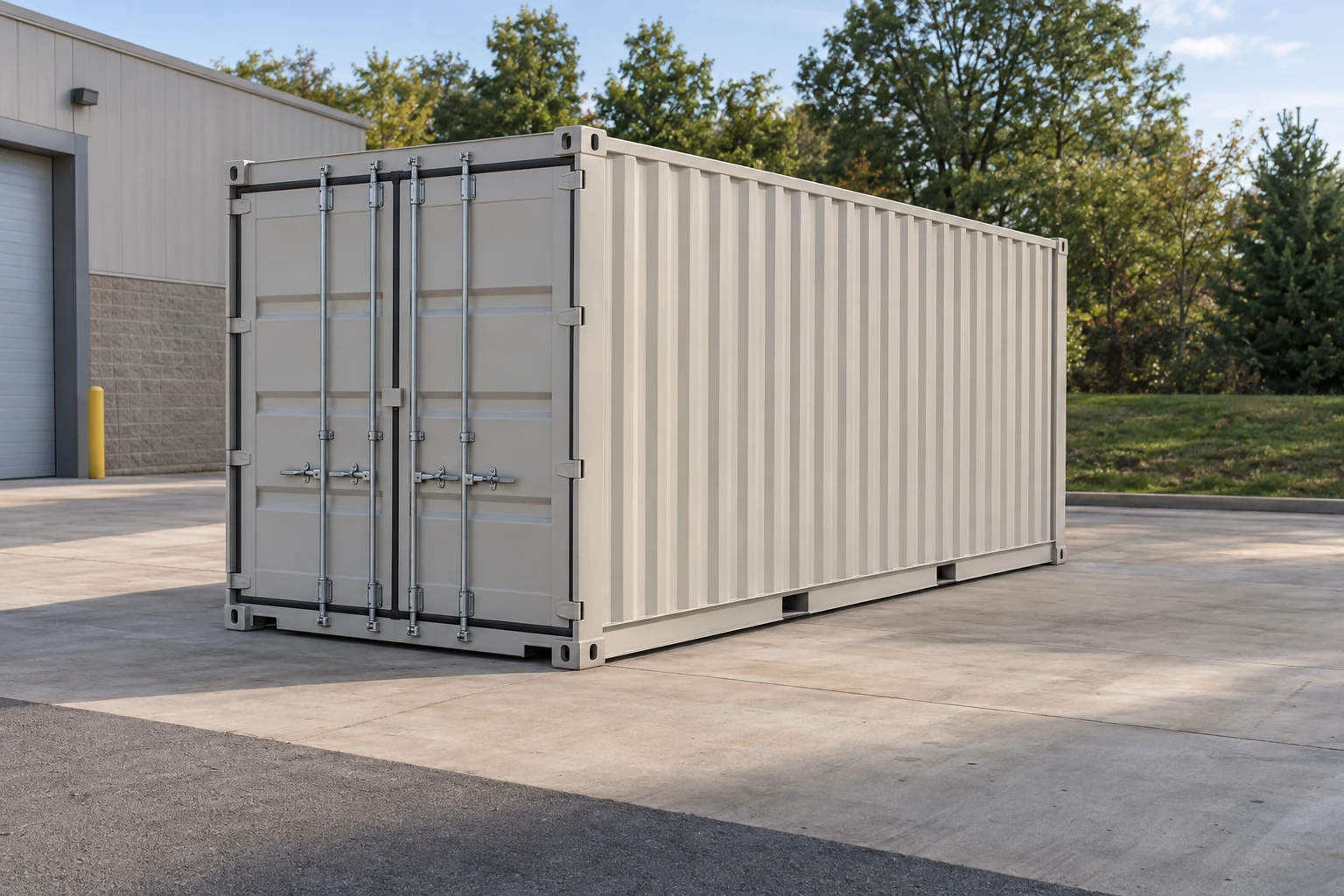Photorealistic illustration of one clean 20ft shipping container on a prepared commercial pad in a fictional setting inspired by Frederick, Maryland.