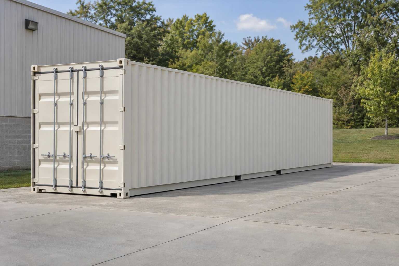 Photorealistic illustration of one clean 40ft shipping container on a prepared commercial pad in a fictional setting inspired by Maryland.