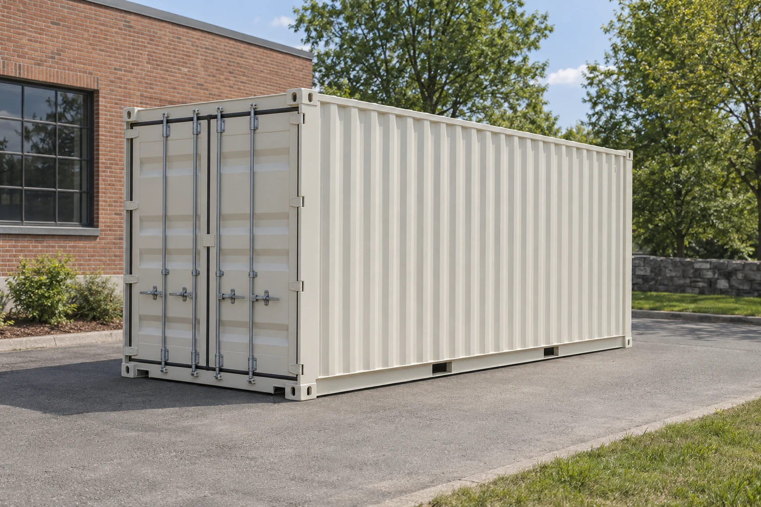 Photorealistic illustration of one clean 20ft shipping container on a prepared commercial pad in a fictional setting inspired by Boston, Massachusetts.