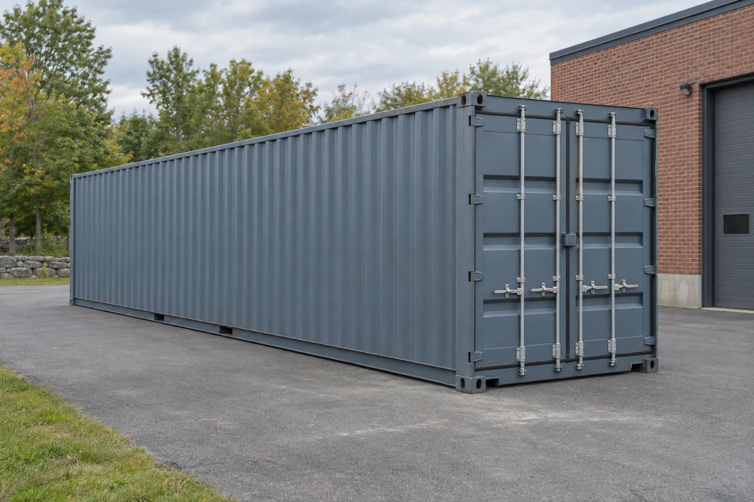 Photorealistic illustration of one clean 40ft shipping container on a prepared commercial pad in a fictional setting inspired by Massachusetts.