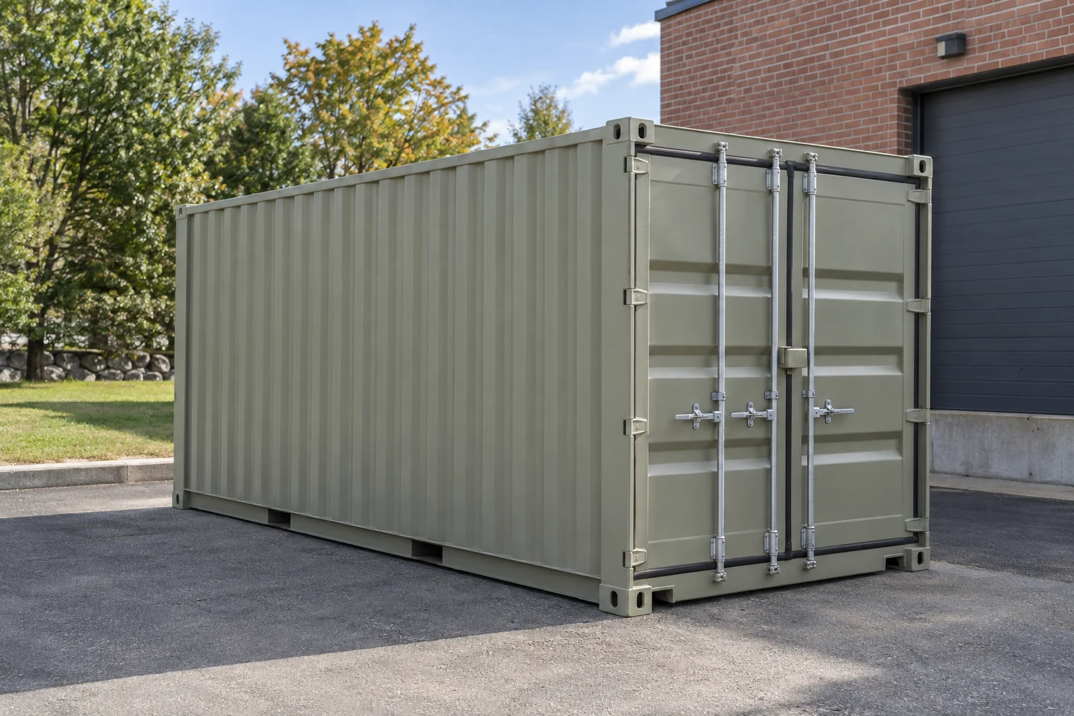 Photorealistic illustration of one clean 20ft shipping container on a prepared commercial pad in a fictional setting inspired by Worcester, Massachusetts.