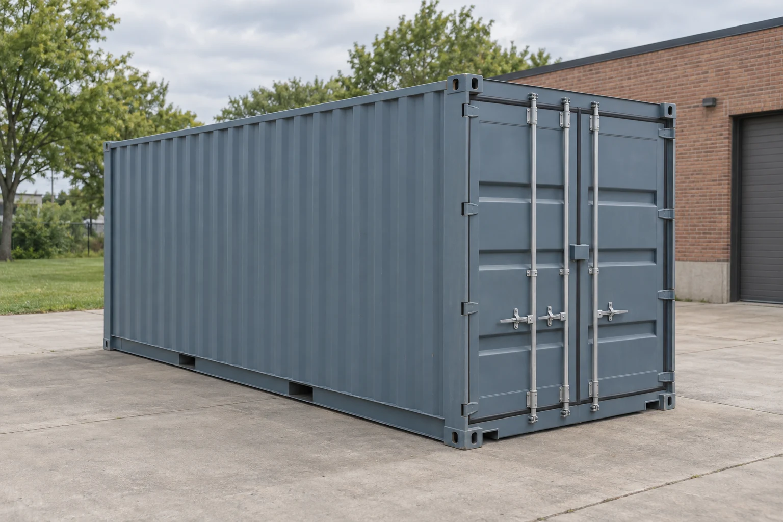 Photorealistic illustration of one clean 20ft shipping container on a prepared commercial pad in a fictional setting inspired by Detroit, Michigan.