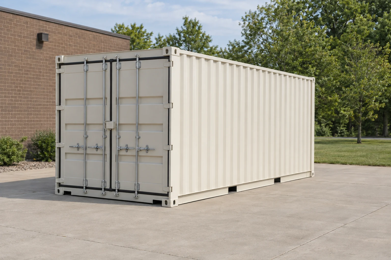 Photorealistic illustration of one clean 20ft shipping container on a prepared commercial pad in a fictional setting inspired by Grand Rapids, Michigan.
