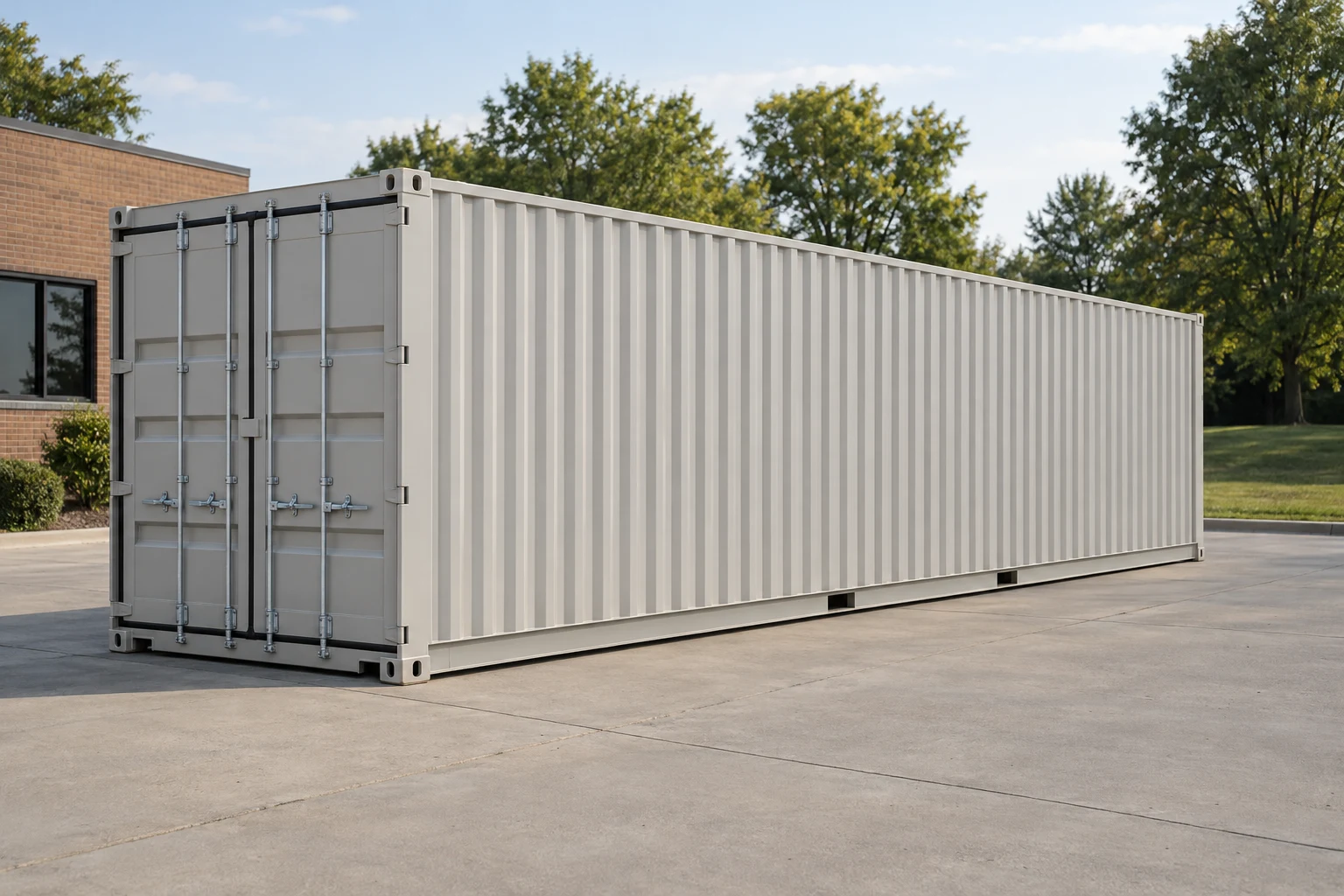 Photorealistic illustration of one clean 40ft shipping container on a prepared commercial pad in a fictional setting inspired by Michigan.